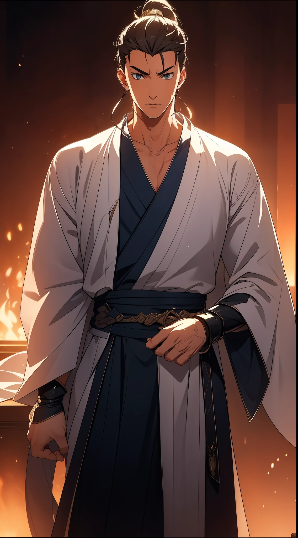 Two dimensions，anime style，one person（male warrior），proportions are correct，facial details，swordsman，high ponytail hairstyle，neck detail，Have an Adam&#39;s apple，white robe，joke，white robe，clothing details，transfer，long sleeves，Game quality，fencing，Ray tracing，Ray tracing，Detailed glow，CG rendering，hair details，long black hair，blue eyes，Handsome，Handsome，（Youthful feeling），Costumes are complicated，Perfect composition，Refinement，high quality，higher details，many details，Complex background，a sense of atmosphere，