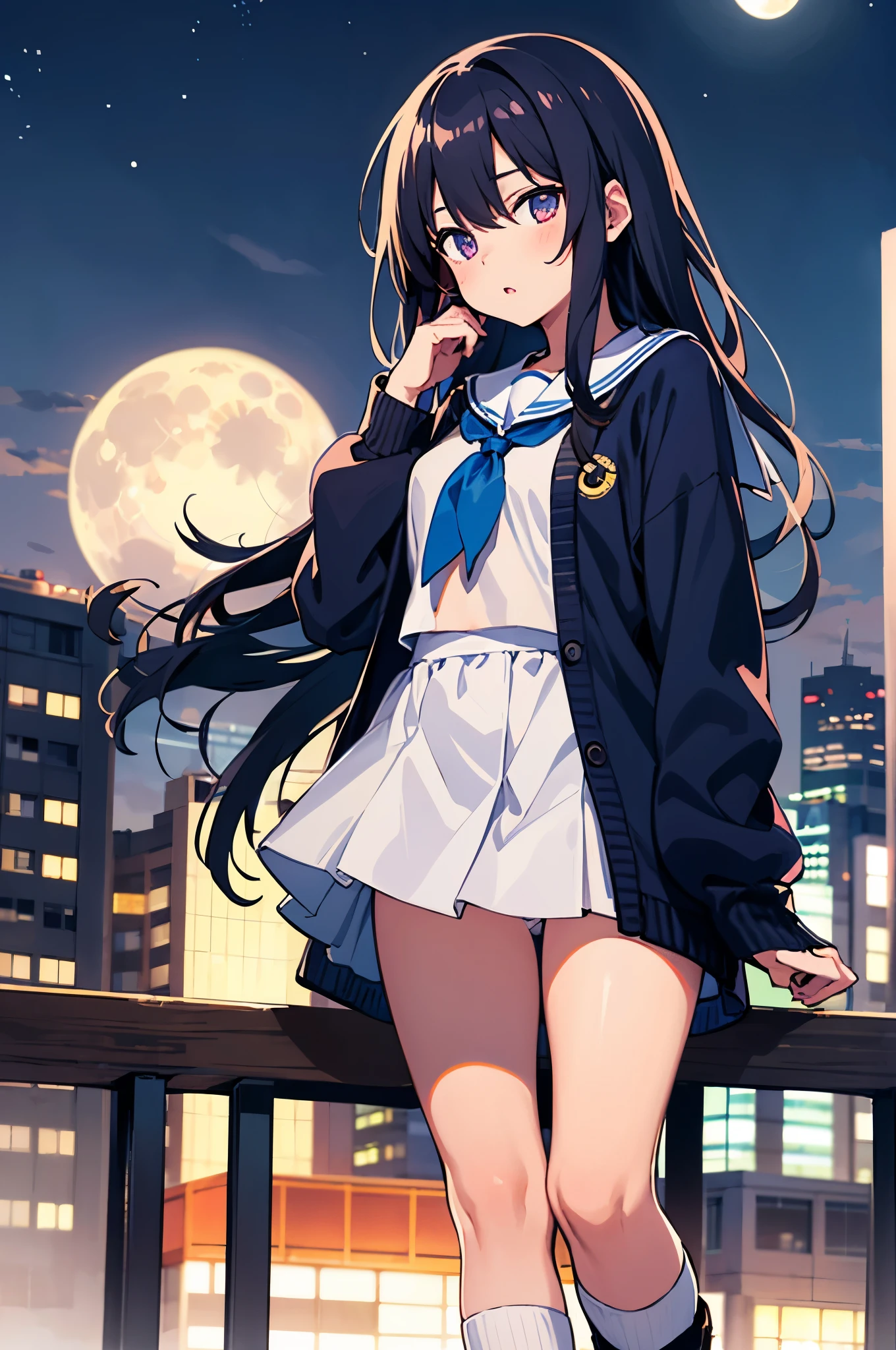 Shinjuku skyscraper district　full moon night　big moon　elementary school girl　8-year-old　flat chest　black hair　long hair　eyes are purple　（（1 person））　Cardigan on top of white long-sleeved sailor uniform　Lower body navy blue miniskirt　white panties　white socks　sports boots　standing with the full moon behind　（（white pantiesが見える））　from the front