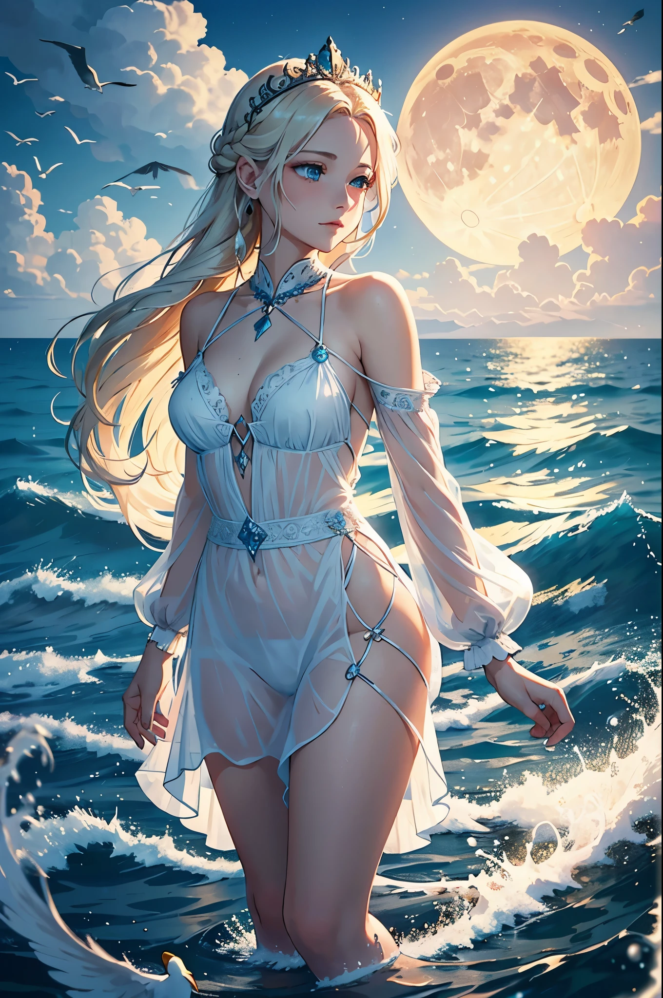 there is one girl coming out of the sea, the Swan Princess from Russian mythology, a beautiful calm face, blue eyes, blond long hair braided into one braid, the moon moon is woven into the hair on the back of the head, white old Russian shining clothes, a kokoshnik crown on her head, an affectionate look, a half-smile, a gentle expression on his face, a background seascape and sunlight, seagulls in the sky, full-length,  Photorealism