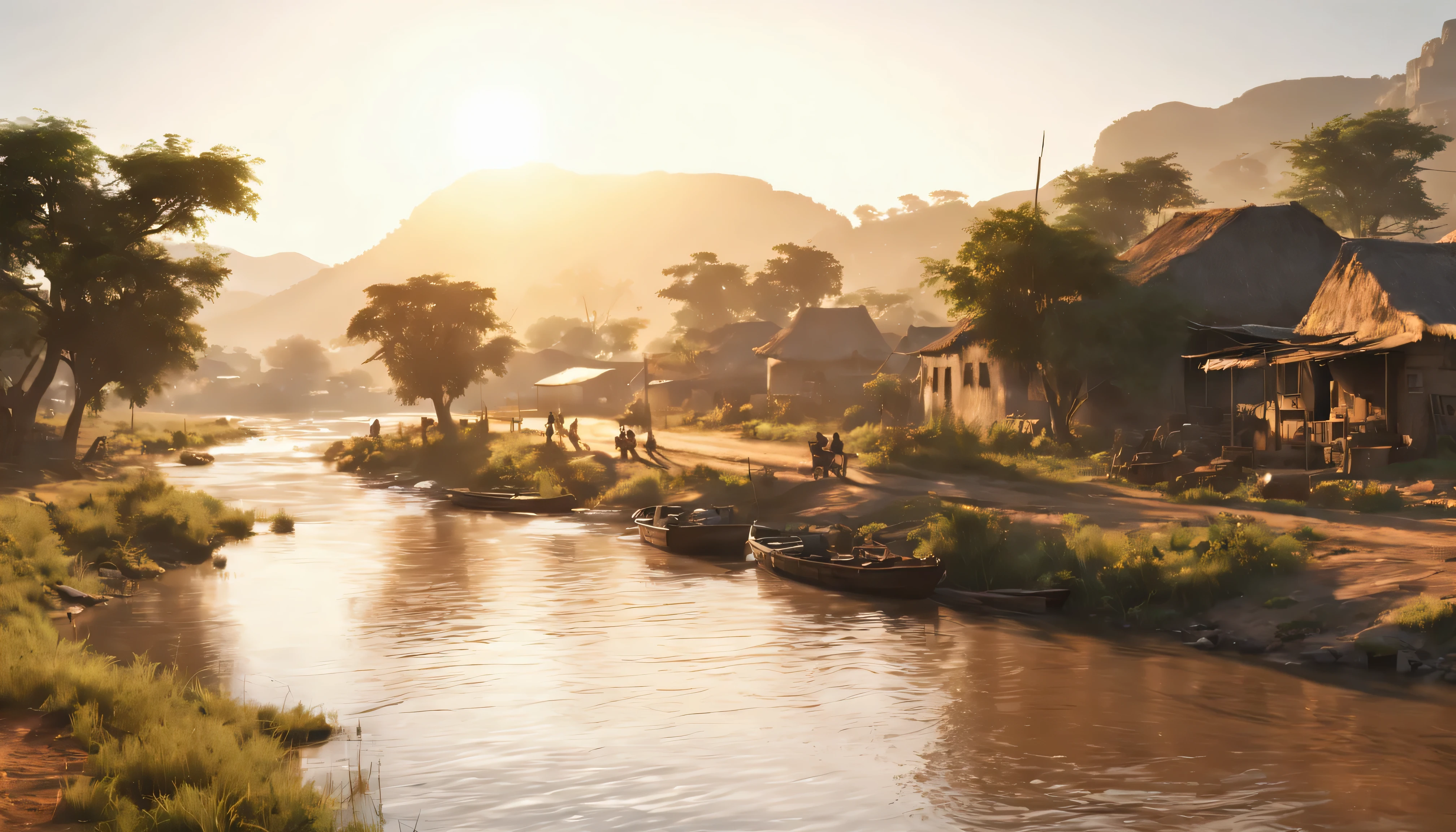 8K, Best Quality, Masterpiece, Ultra High Resolution, (Realism 1.4), Original Photo, a photorealistic shot, the warm sun peeking over the (((river))), as it woke up, in small African village town, beautiful scene, photorealistic image