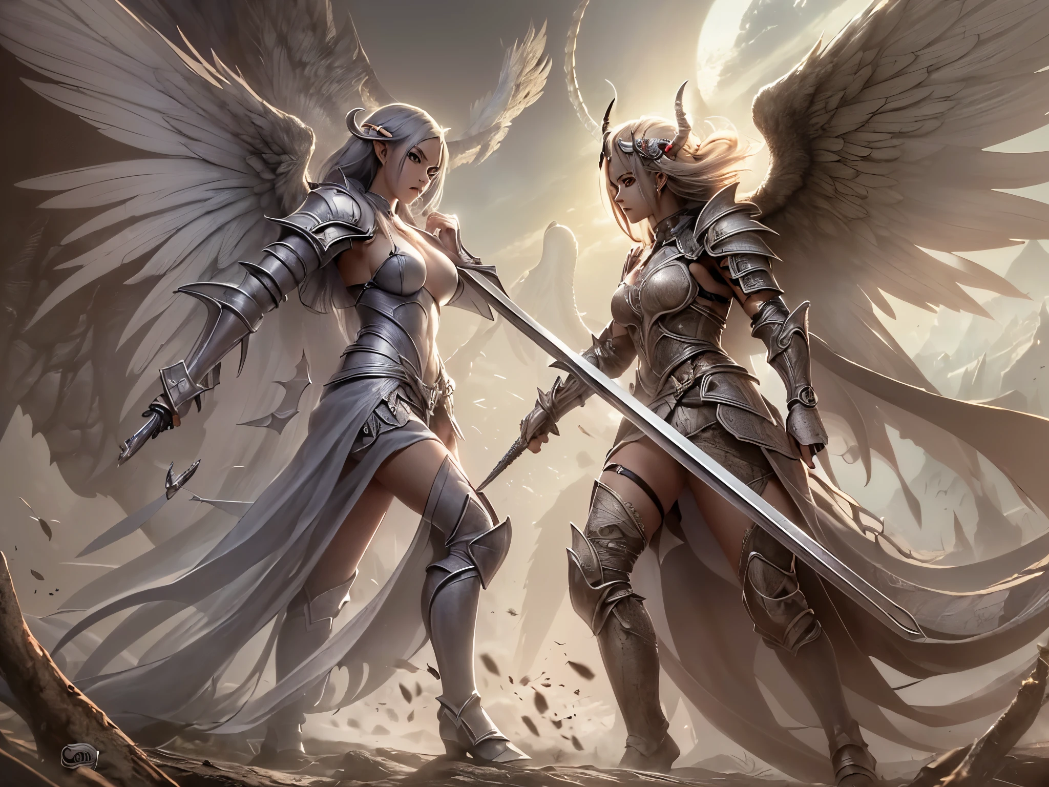 ((highest quality)),(ultra high resolution),(Super detailed),(detailed description),((best CG)),(best work of art),super precision art,amazing drawing art,(Fantasy art with precise details:1.5), (female demon knight:1.6),(female angel knight:1.6), Two people glaring at each other:1.5, Fluttering feathers:1.8