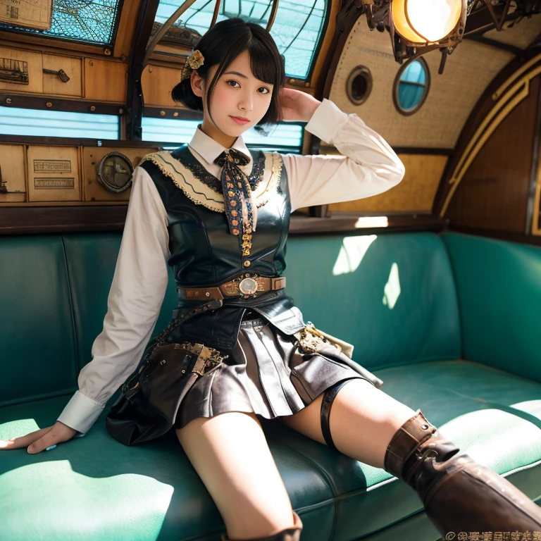 japanese 18yo beautiful cute girl with leather microskirt. sun light throung leaf, volumetric light, iridescent light, (masterpiece:1.2),(best quality:1.2), newest, ai-generated, intricate details, perfect , 
steam punk, airship cabin, (detailed many steam punk parts:1.2).beautiful legs.