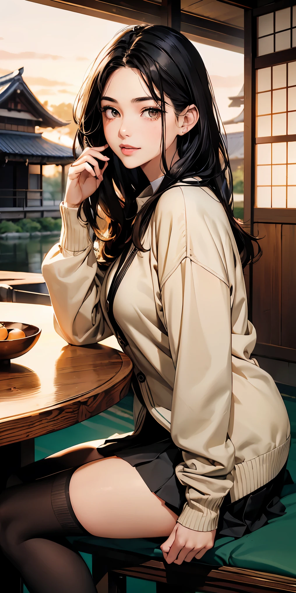 8k, masterpiece, highest quality, ultra high resolution, highest resolution, very detailed, professional lighting, orange light lighting、Backlight、Detailed CG、Low angle from the front、full body shot、Beautiful woman、beautiful eyes、(detailed face and iace:1 2)、narrow eyes、almond eye、brown eyes、gradation eye、highlight:1.2)、(beautiful black hair、(three-dimensional lips、plump lips) 、(oval face : 1.4)、(thin fingered arms、detailed human hand)、(table top, highest quality:1.2), Scenery with Japanese wooden houses、ancient folk house、beautiful japanese garden、beautiful red sunset、full body pose、A girl who blends into the scenery、Beautiful woman, small face、white skin、very cute, thin hair、brown eyes)、Breasts are medium in size、(beautiful black hair、medium hair)、(high school girl uniform、Cardigan sweater)、thin and long legs、JK black skirt 、pleated skirt、Hip line emphasis、black socks、black stockings、Breasts are A cup、Shoes are loafers) 、(round face: 1.4)、shy smile、black knee high socks、「tom 2106」