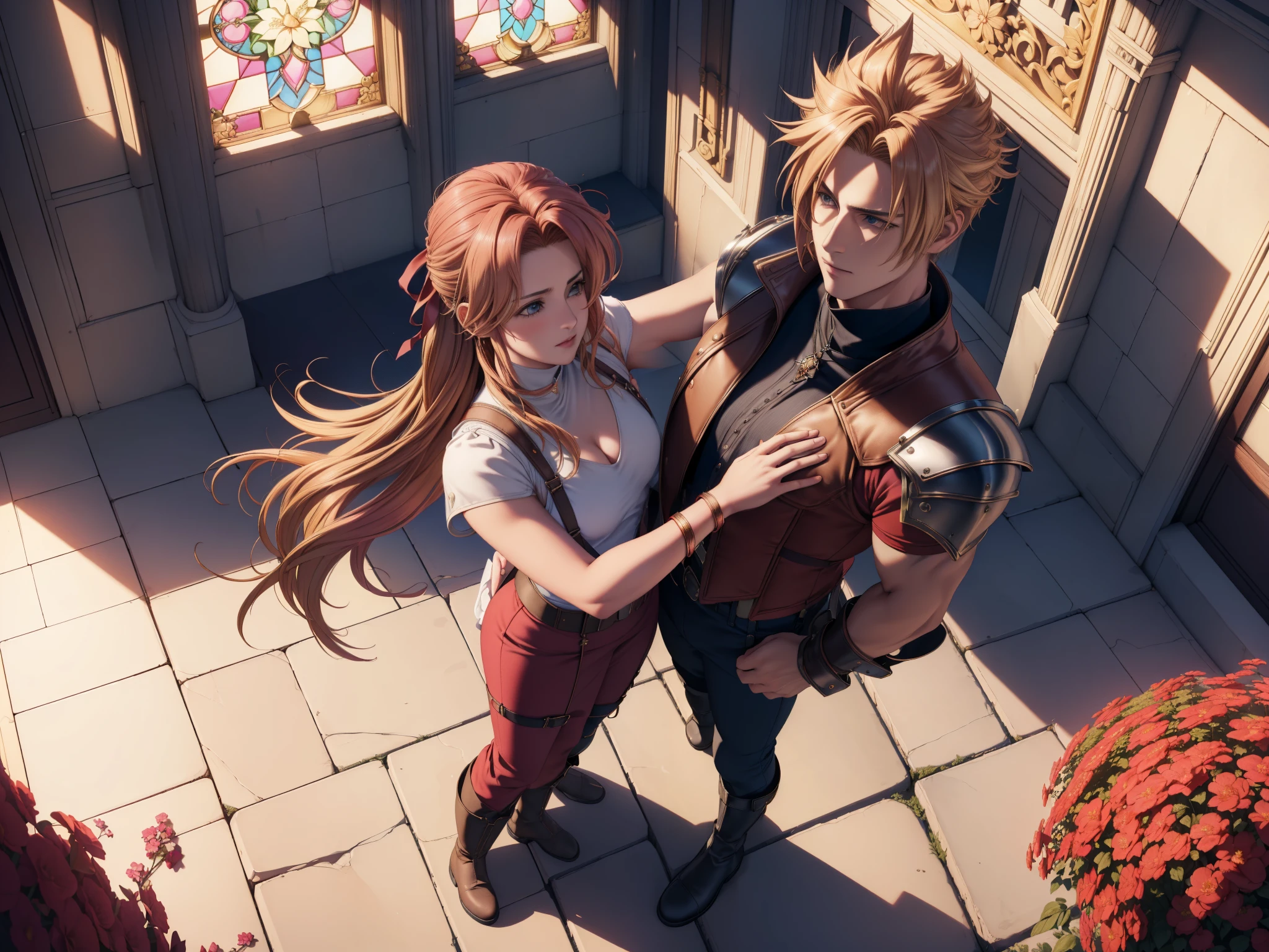 (highest quality,4k,8k,High resolution,masterpiece:1.2),super detailed,(realistic,photorealistic,photo-realistic:1.37),((1.woman, 1.man)), ((aerith gainsbourg copper hair:1.1, choker, red cropped jacket, hair ribbon, bracelet, pink dress, wear a costume decorated with flowers)), ((princess carry:1.2)), ((cloud strife blonde hair:1.2, shoulder armor, sleeveless turtleneck, suspenders, belt, baggy pants, gloves, braces, boots, standing looking at a woman)), ((Man in a position of hugging a woman)), In the funeral scene for a deceased woman、Inside the church, Inside the chapel, stained glass window, The composition is bathed in light from the ceiling., A composition that looks at the two from above