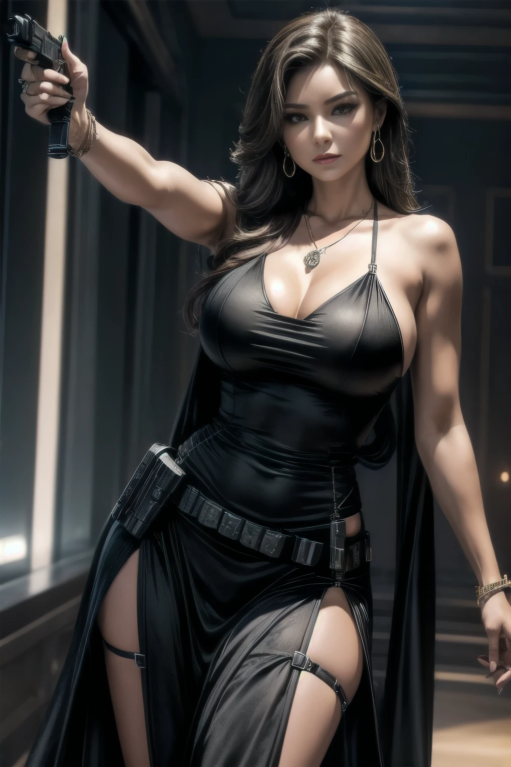 Female secret agent in (luxurious long dress:1.3), (shooting pistol:1.2) , (thigh pistol holster:1.2) attached to thigh, accessories, necklace, earrings, rings, bangles, muscular, in the dance hall, gigantic breasts