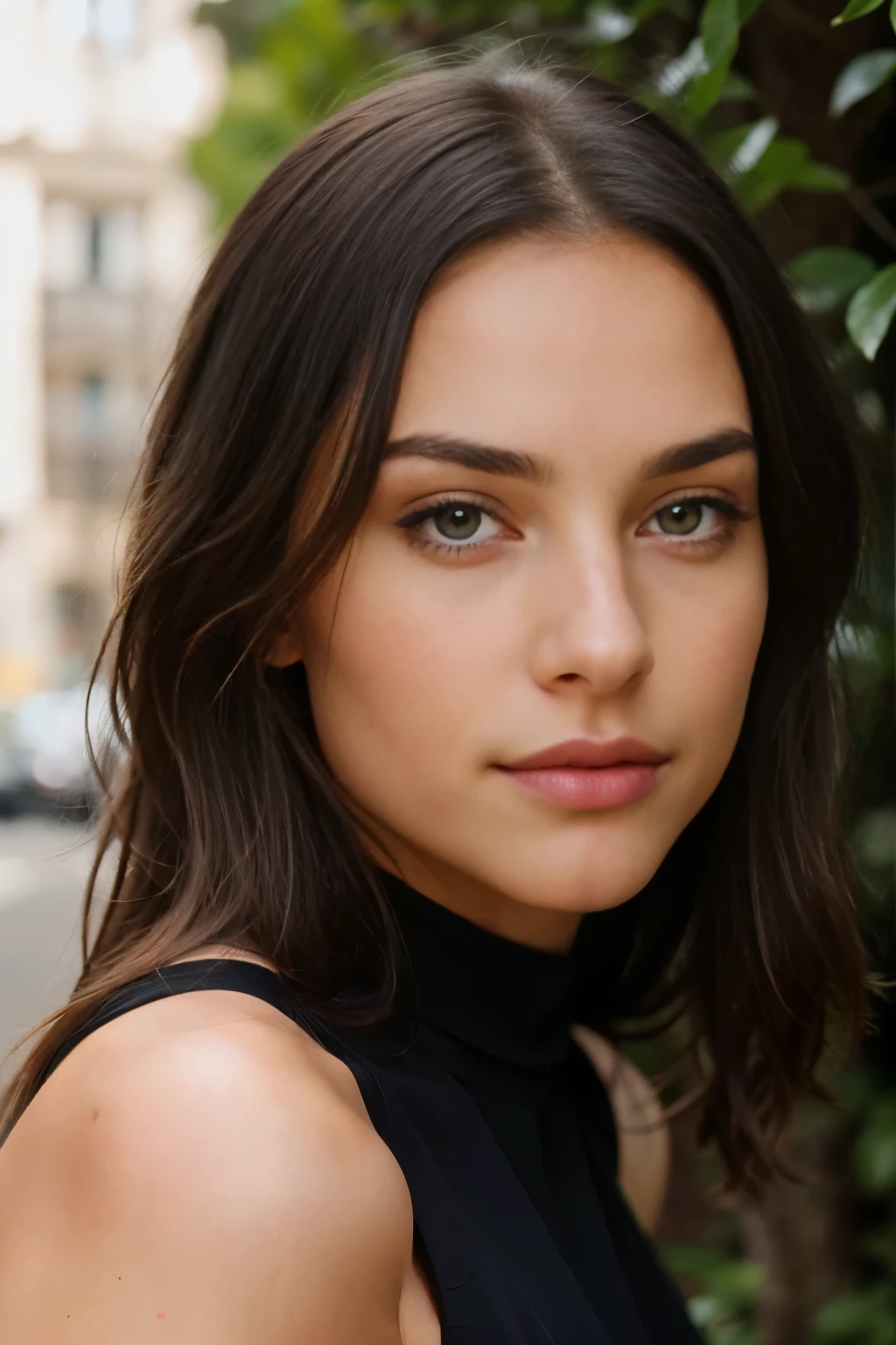photorealistic European girl with long brunette hair, named Madison, stands outside with a sexy black dress, body and head straight in the frame, (((medium))) facing the viewer of the photo, eyes staring directly at the lens, 4K, highly detailed and sharp focus, intricate details showcasing the realistic texture of her skin, dress, and hair, professional lighting and composition, maximally detailed post-processing, echtes Leben (real life) captured in ultra-realistic photorealism, photography.