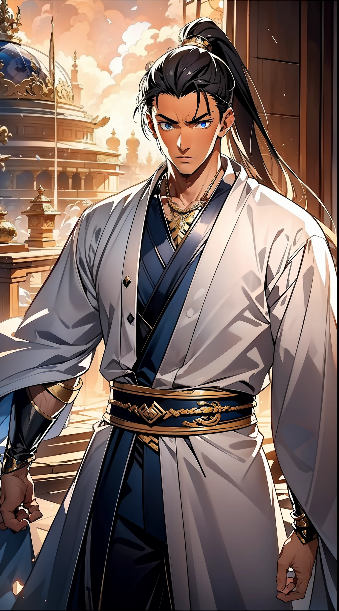 Two dimensions,anime style,one person(male warrior),proportions are correct,facial details,swordsman,high ponytail hairstyle,neck detail,Have an Adam's apple,white robe,joke,white robe,clothing details,transfer,long sleeves,Game quality,fencing,Ray tracing,Ray tracing,Detailed glow,CG rendering,hair details,long black hair,blue eyes,Handsome,Handsome,(Youthful feeling),Costumes are complicated,Perfect composition,Refinement,high quality,higher details,many details,Complex background,a sense of atmosphere,