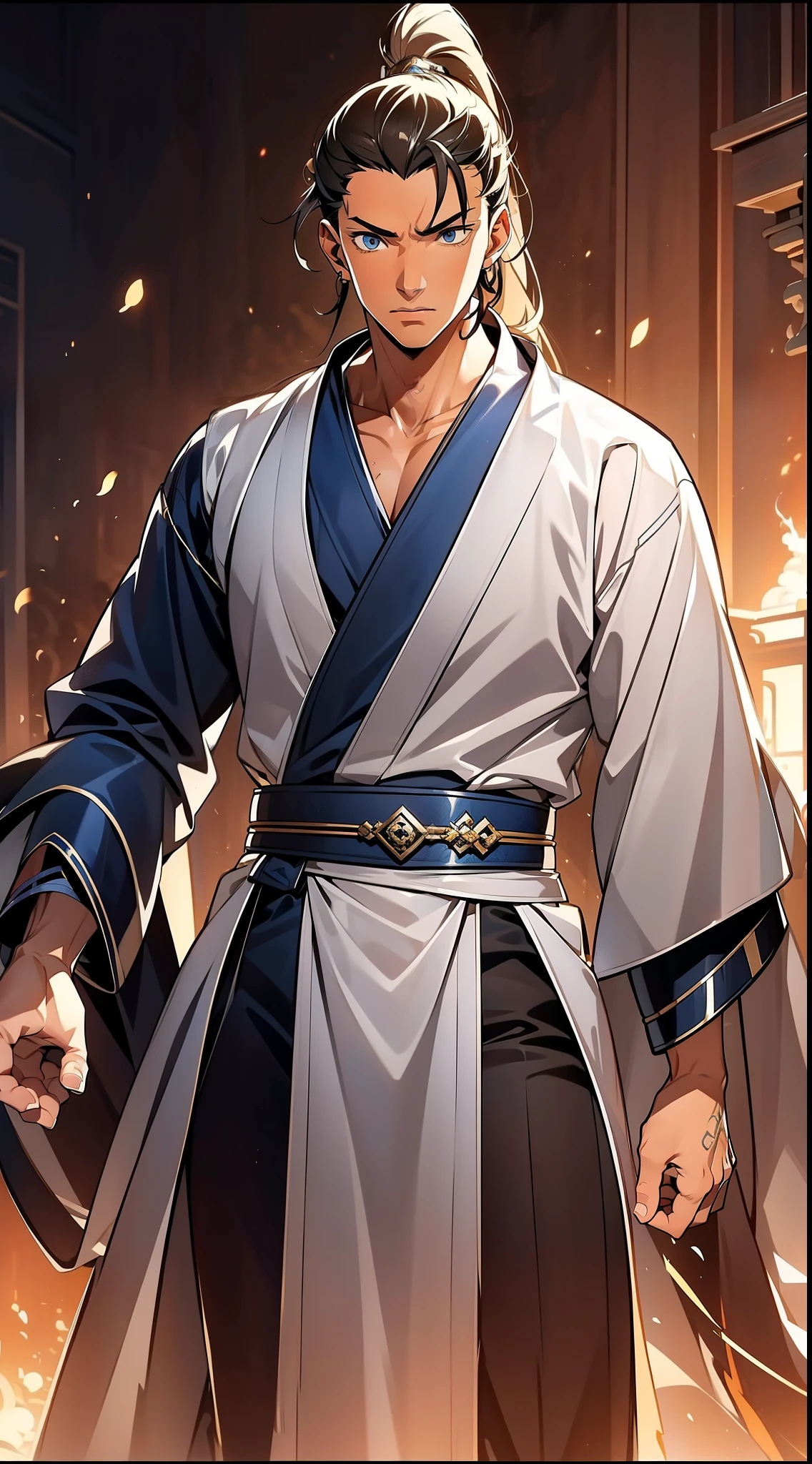 Two dimensions,anime style,one person(male warrior),proportions are correct,facial details,swordsman,high ponytail hairstyle,neck detail,Have an Adam's apple,white robe,joke,white robe,clothing details,transfer,long sleeves,Game quality,fencing,Ray tracing,Ray tracing,Detailed glow,CG rendering,hair details,long black hair,blue eyes,Handsome,Handsome,(Youthful feeling),Costumes are complicated,Perfect composition,Refinement,high quality,higher details,many details,Complex background,a sense of atmosphere,