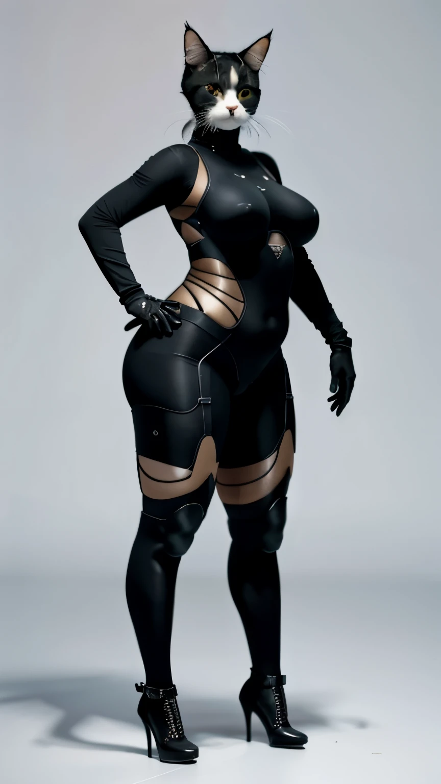 (high quality), reality的な, reality的, (alone),
cat headを持つ神, cat head、The face is a cat、(excellent anatomy), (A masterpiece of good proportions, in the center, Chubby-chan、thick body、reality、professional photos、genuine、female body、tight suit、full body suit、tight long pants、gloves、Do not show bare skin、tail、thick body, big 、 big ass、big belly、thick thighs、full body portrait、high heels、full body portrait、stand on tiptoe、facing forward、model's stance、standing with legs apart、simple background、