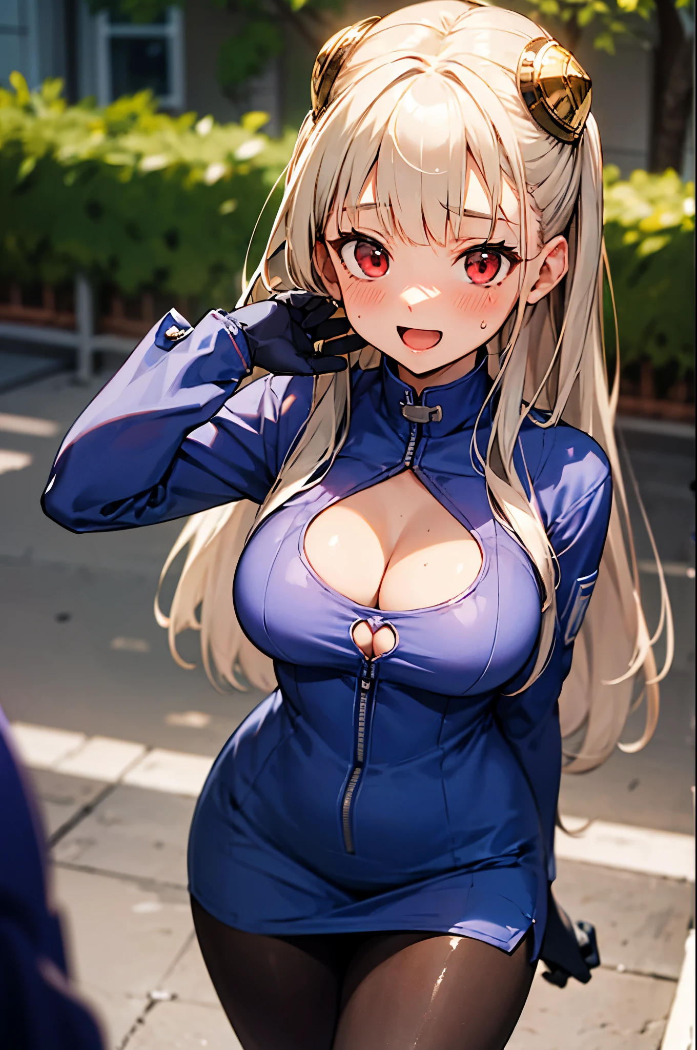 ((masterpiece, best quality, high resolution)), ingridms, hairpods, gloves, pantyhose, bow, spacesuit, medium breasts, fluffy breasts, :d, POV, blush, embarrassed, cleavage, cleavage cutout, outdoors, looking at viewer, Detail ++_Skin and Hair Details, fit, (shiny hair, shiny skin:1.05), masterpiece, best quality, ultra-detailed, solo,