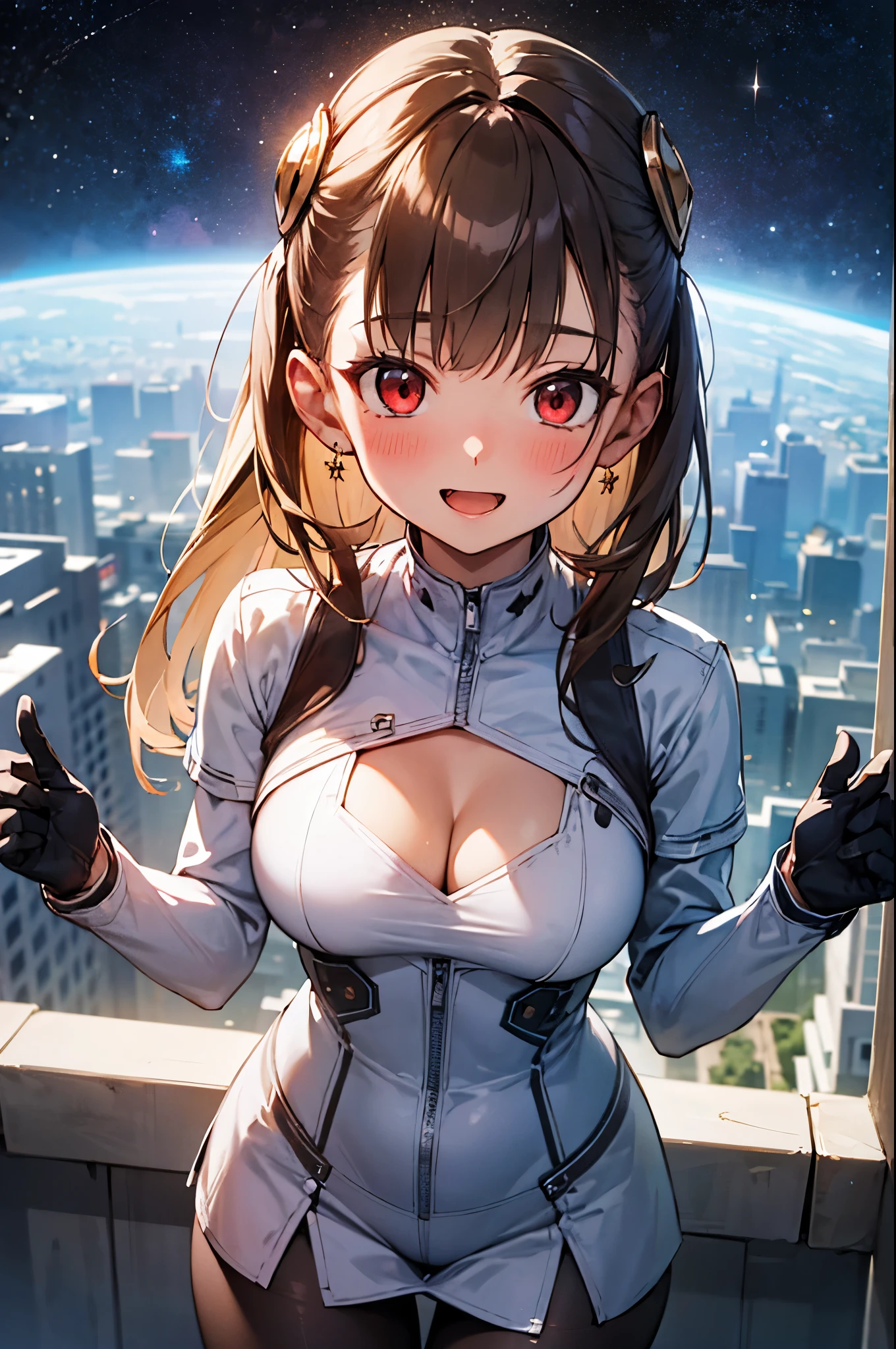 ((masterpiece, best quality, high resolution)), ingridms, hairpods, gloves, pantyhose, bow, spacesuit, medium breasts, fluffy breasts, :d, POV, blush, embarrassed, cleavage, cleavage cutout, outdoors, looking at viewer, Detail ++_Skin and Hair Details, fit, (shiny hair, shiny skin:1.05), masterpiece, best quality, ultra-detailed, solo,