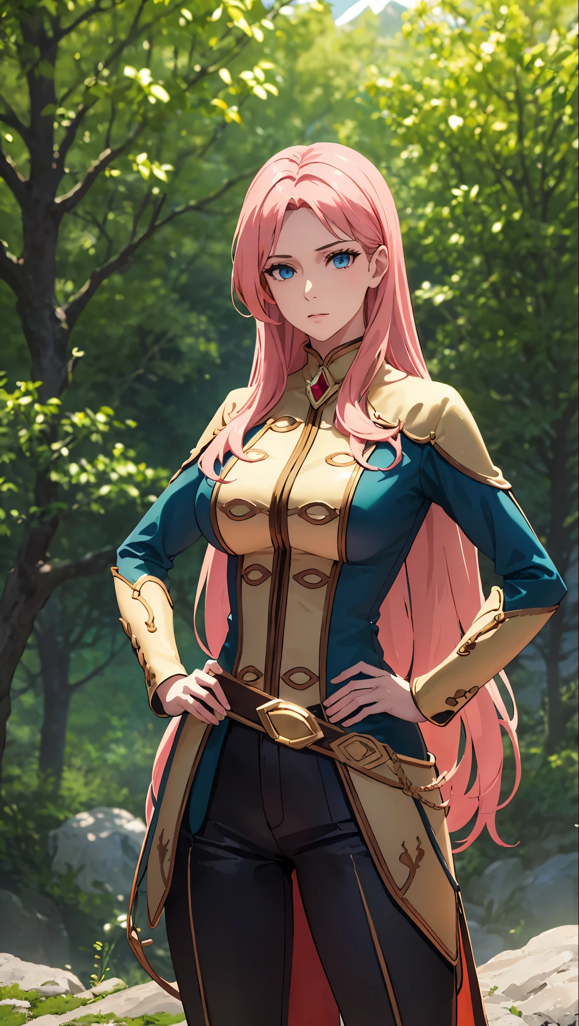 photorealistic, (4k), depth of field, (Masterpiece), (realistic skin texture), extremely detailed, intricate, hyper detailed, professional photography, bokeh, high resolution, sharp detail, best quality, woman, long hair, pink hair, blue eyes, (big breasts), teal and gold military uniform, white pants, white pelt, dynamic pose, (standing with hands on hips),   outdoors, mountain, rocky hills, stones, mountainous horizon,