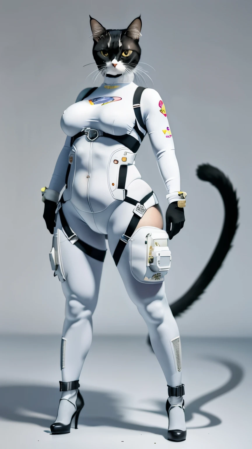 (high quality), reality的な, reality的, (alone),
cat headを持つ神, cat head、The face is a cat、(excellent anatomy), (A masterpiece of good proportions, in the center, Chubby-chan、thick body、reality、professional photos、genuine、female body、tight suit、full body suit、tight long pants、gloves、Do not show bare skin、tail、thick body, big 、 big ass、big belly、thick thighs、full body portrait、high heels、full body portrait、stand on tiptoe、facing forward、model&#39;s stance、standing with legs apart、simple background、