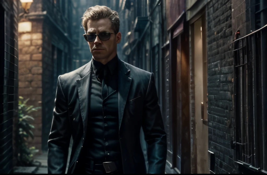 Create an image of a mysterious figure in a dimly lit alleyway, dressed in sleek black attire, with a tailored suit jacket, gloves, and sunglasses obscuring their identity. They stand with a confident yet cautious demeanor, one hand casually resting on a concealed weapon holstered at their side. Behind them, shadows dance ominously, hinting at the covert missions they undertake under the cover of darkness. This secret agent exudes an aura of intrigue and capability, embodying the essence of espionage and clandestine operations.