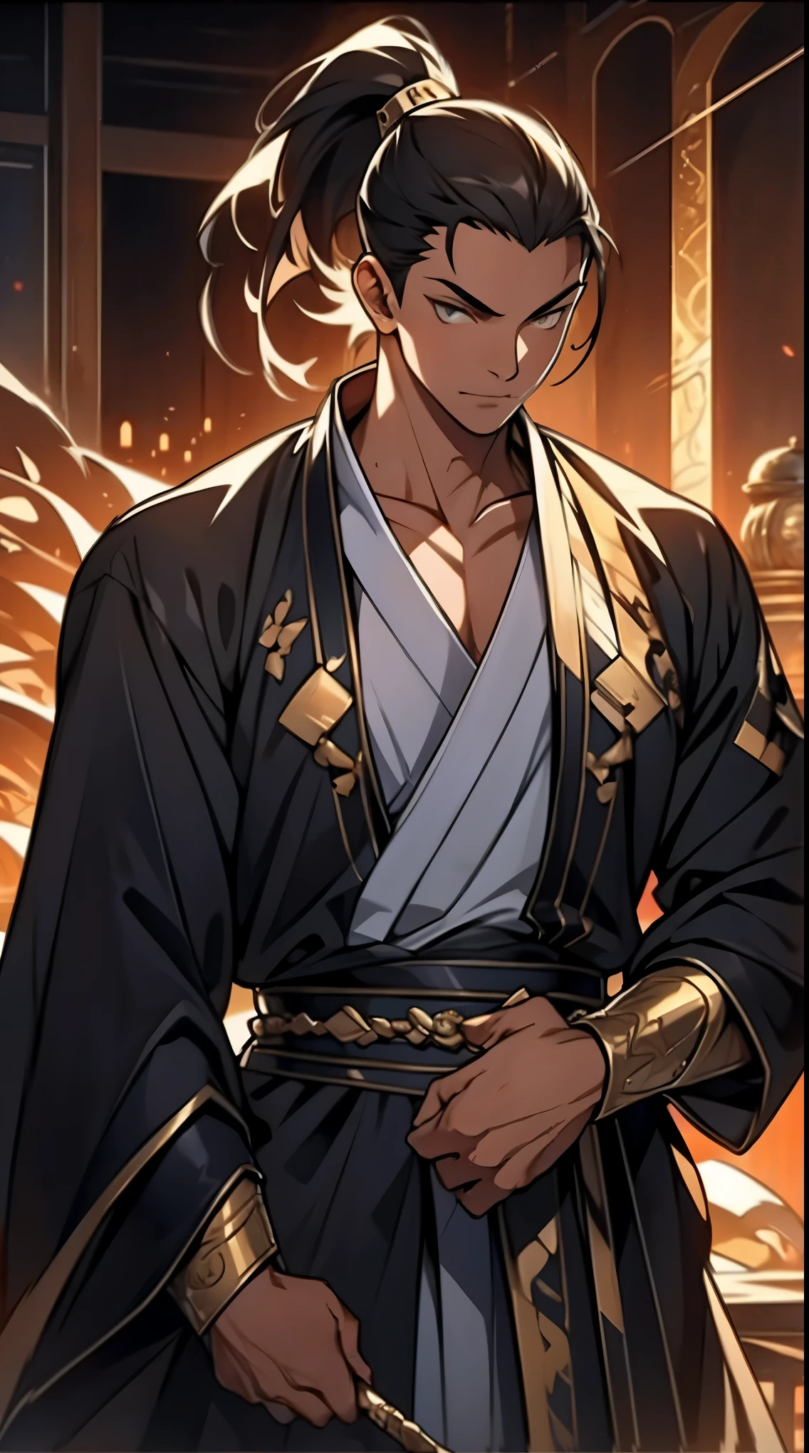 Two dimensions,anime style,one person(male warrior),proportions are correct,facial details,swordsman,high ponytail hairstyle,neck detail,Have an Adam's apple,Black and gold robe,joke,Black and gold robe,clothing details,Hand over,long sleeves,Game quality,fencing,Ray tracing,Ray tracing,Detailed glow,CG rendering,hair details,Long black and blond hair,Black-gold eyes,Handsome,Handsome,(Youthful feeling),Costumes are complicated,Perfect composition,refine,high quality,higher details,many details,Complex background,a sense of atmosphere,