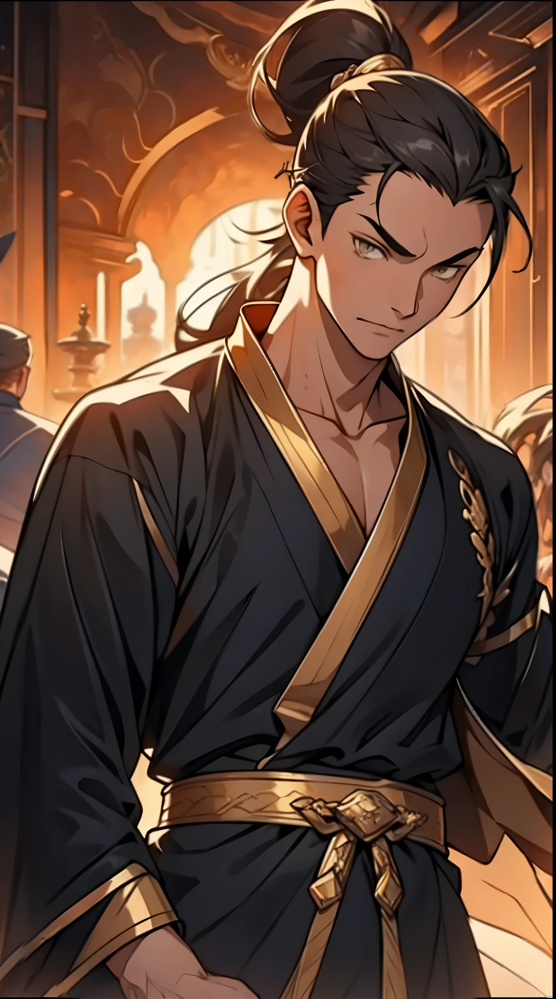 Two dimensions，anime style，one person（male warrior），proportions are correct，facial details，swordsman，high ponytail hairstyle，neck detail，Have an Adam&#39;s apple，Black and gold robe，joke，Black and gold robe，clothing details，Hand over，long sleeves，Game quality，fencing，Ray tracing，Ray tracing，Detailed glow，CG rendering，hair details，Long black and blond hair，Black-gold eyes，Handsome，Handsome，（Youthful feeling），Costumes are complicated，Perfect composition，refine，high quality，higher details，many details，Complex background，a sense of atmosphere，