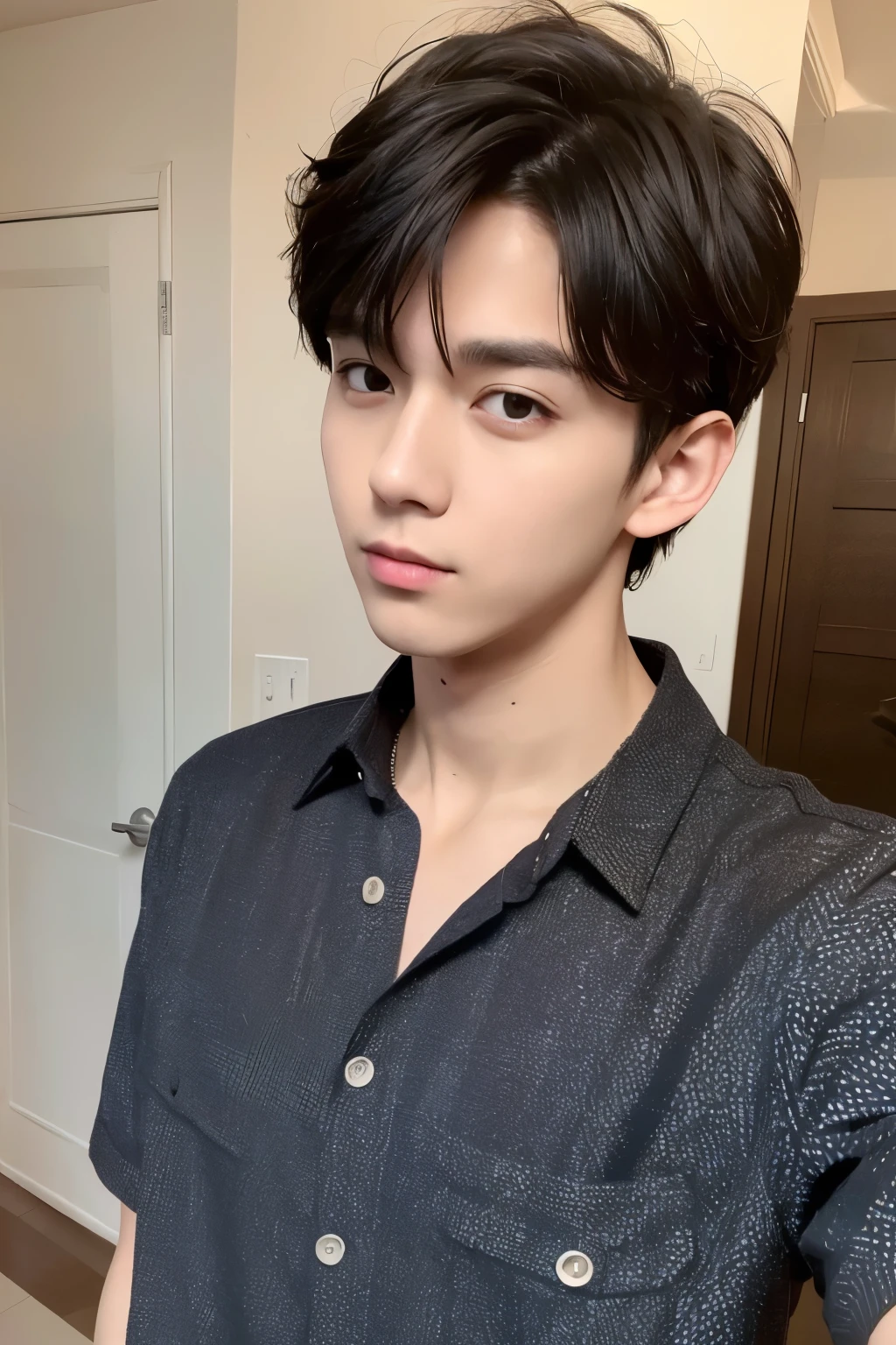 masterpiece, best quality,1boy, solo, black hair, realistic, short hair, collar, shirt, messy hair, closed mouth, upper body, room, selfie, young looking