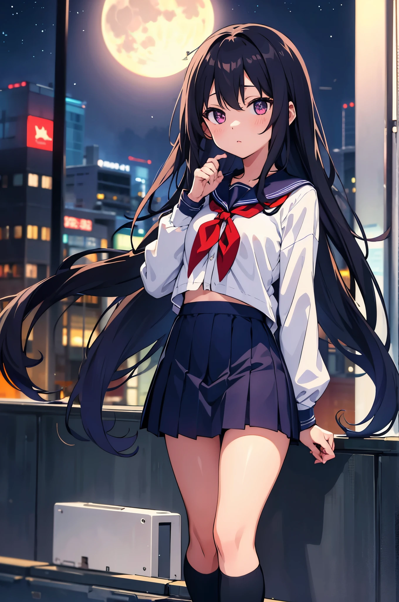 Shinjuku skyscraper district　full moon night　big moon　elementary school girl　8-year-old　flat chest　black hair　long hair　eyes are purple　（（1 person））　Cardigan on top of white long-sleeved sailor uniform　Lower body navy blue miniskirt　white panties　white socks　sports boots　standing with the full moon behind　（（white pantiesが見える））　from the front
