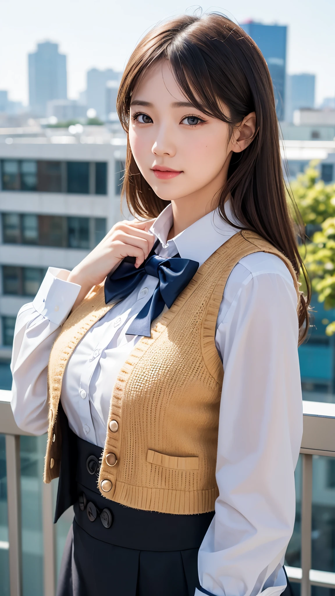 1girl, matured female, vest, bow, photo, realistic, best quality, hires, detailed face, office, buildings from window, detailed background, diffused sunlight, depth of field, bokeh
