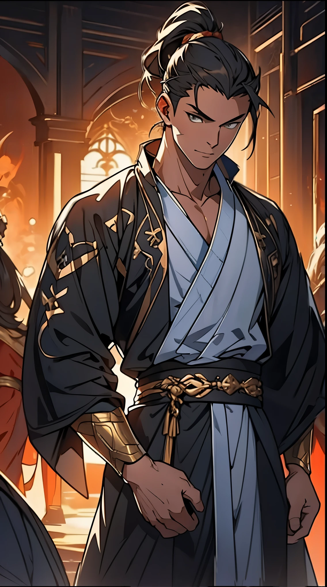 Two dimensions,anime style,one person(male warrior),proportions are correct,facial details,swordsman,high ponytail hairstyle,neck detail,Have an Adam's apple,Black and gold robe,joke,Black and gold robe,clothing details,Hand over,long sleeves,Game quality,fencing,Ray tracing,Ray tracing,Detailed glow,CG rendering,hair details,Long black and blond hair,Black-gold eyes,Handsome,Handsome,(Youthful feeling),Costumes are complicated,Perfect composition,refine,high quality,higher details,many details,Complex background,a sense of atmosphere,