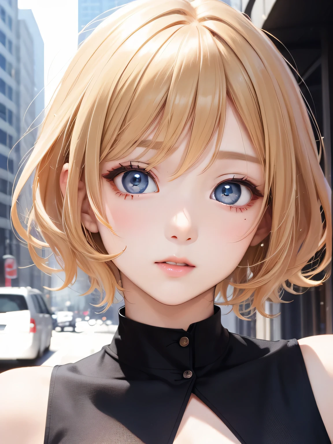 masterpiece、highest quality、shining eyes、beautiful eyes、blonde、short hair、girl、close up of face、fashion、dance、city