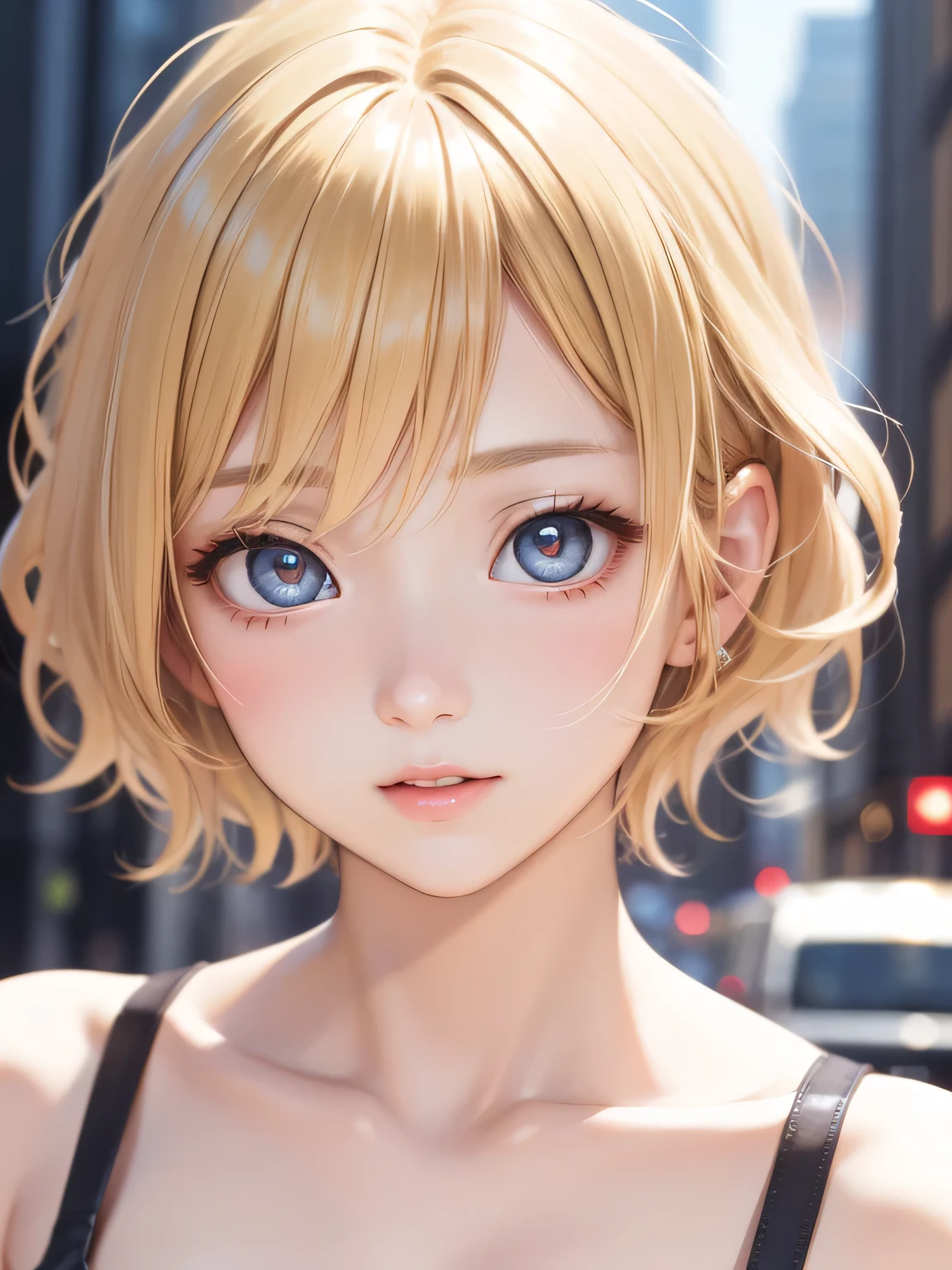 masterpiece、highest quality、shining eyes、beautiful eyes、blonde、short hair、girl、close up of face、fashion、dance、city