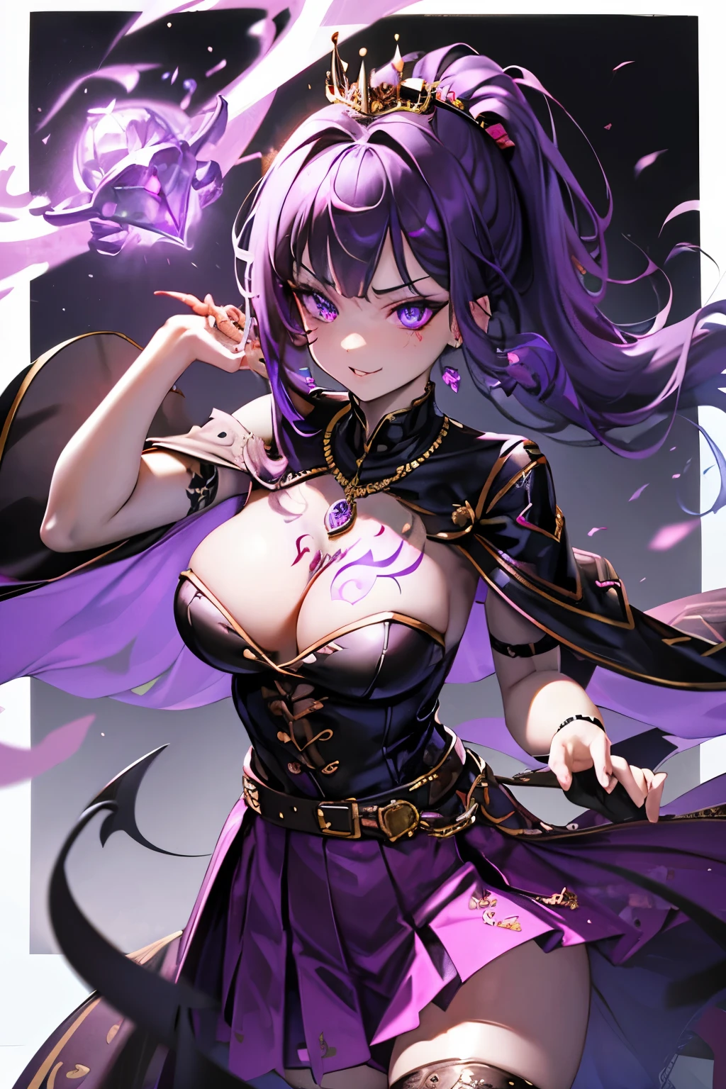 vampire queen, small breast, battle skirt, (royal cape:1.1), black and purple color, sexy and devil aura, original character, masterpieces, seducing purple pupil, (multicolor high pony tail 1:1.2), purple gem accessories, golden belt, golden necklace, windy and evil effect, soft moon lights, extremely delicate and beautiful eyes, unique crown, (corruption tattoo 1;1.25), naughty face, 16k, gorgeous, off-shoulder, cute, petite, solo