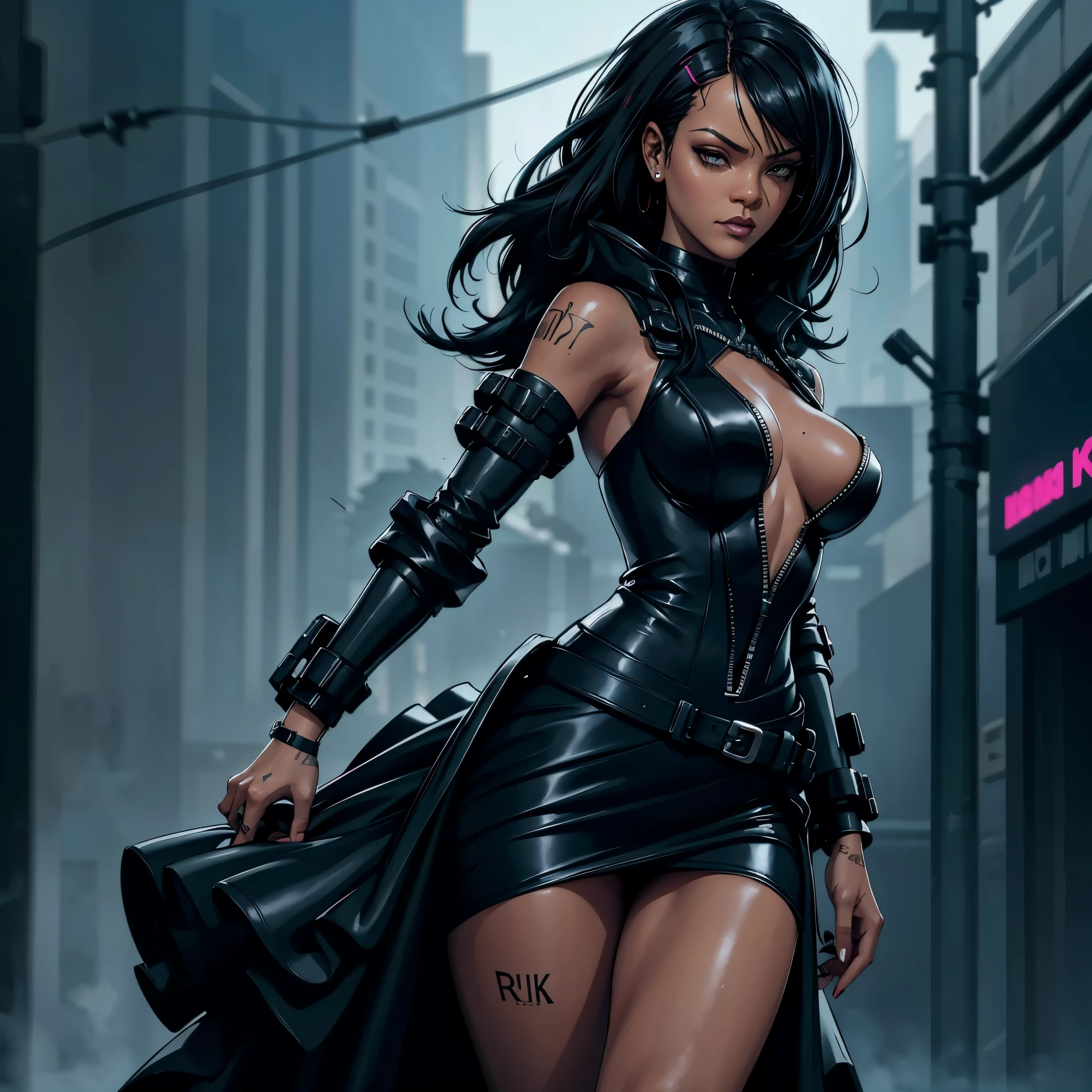 "(black mafia cyberpunk dress:1) (rihanna ) (shadow mists) dark theme :: focus on closeup face, indifferent face, Rihanna face, :: whole body ::ultra realistic  dress cyberpunk black woman athletic, :: long black hair :: cyberpunk streets :: cool cyberpunk dark mafia dress, black eyeists everywhere :: natural lighting :: bokeh :: 8k :: best quality :: masterpiece :: insanely detailed:1.5"