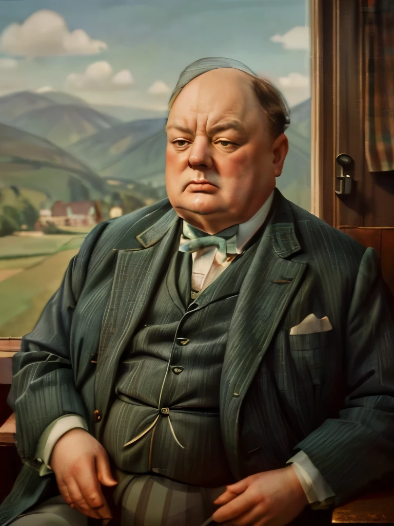 1935, Massachusetts mountain village. Pre-Raphaelites ((((65 years old)) Extremely fat, Winston Churchill weighed 600 pounds), Dressed as Dorothy from the Wizard of Oz, at the farm, ((((1930s casual clothing)))) ((1930s hairstyle)), ((wes anderson movie style)), colorful.