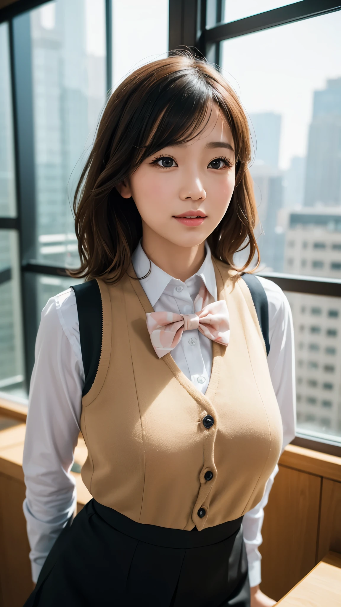 1girl, matured female, vest, bow, photo, realistic, best quality, hires, detailed face, office, buildings from window, detailed background, diffused sunlight, depth of field, bokeh