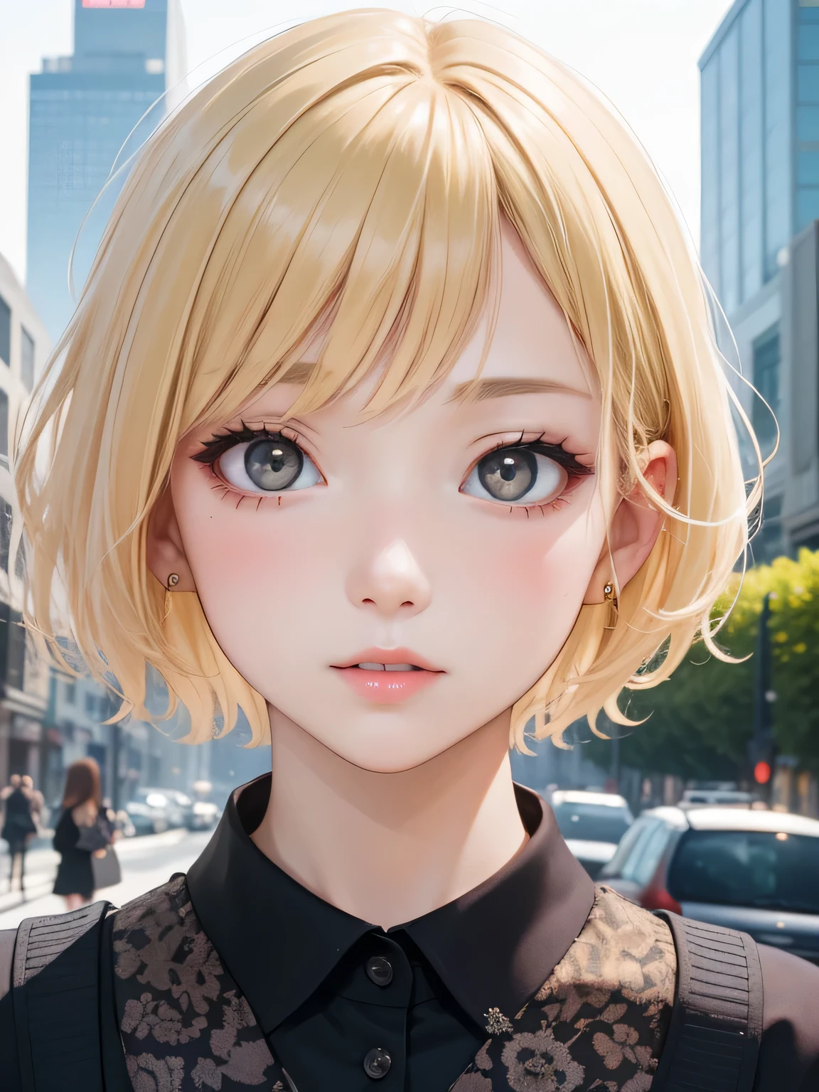 blonde、short hair、girl、close up of face、landscape、fashion、city