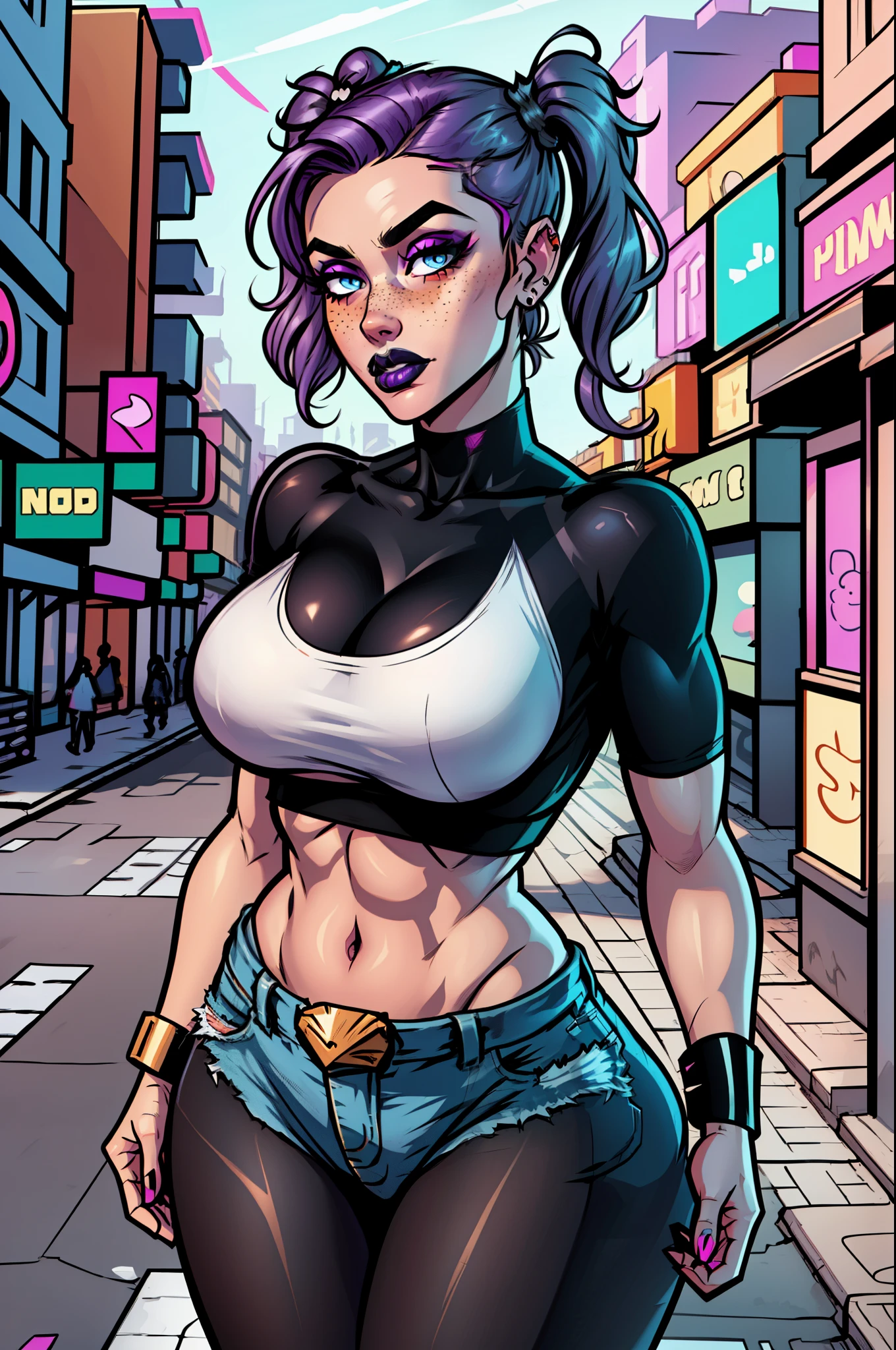 Close up of an supermodel woman face, at a busy cluttered city street background, daytime, pale blue eyes, detailed short purple hair with pigtails and shaved sides haircut, freckles, blushing, pouting expression, single eyebrow raised, eye shadow, black lipstick, pierced eyebrow, big tits, wearing a loose baggy tshirt crop top, looking to the side, comic book style, flat shaded, prominent comic book outline linework