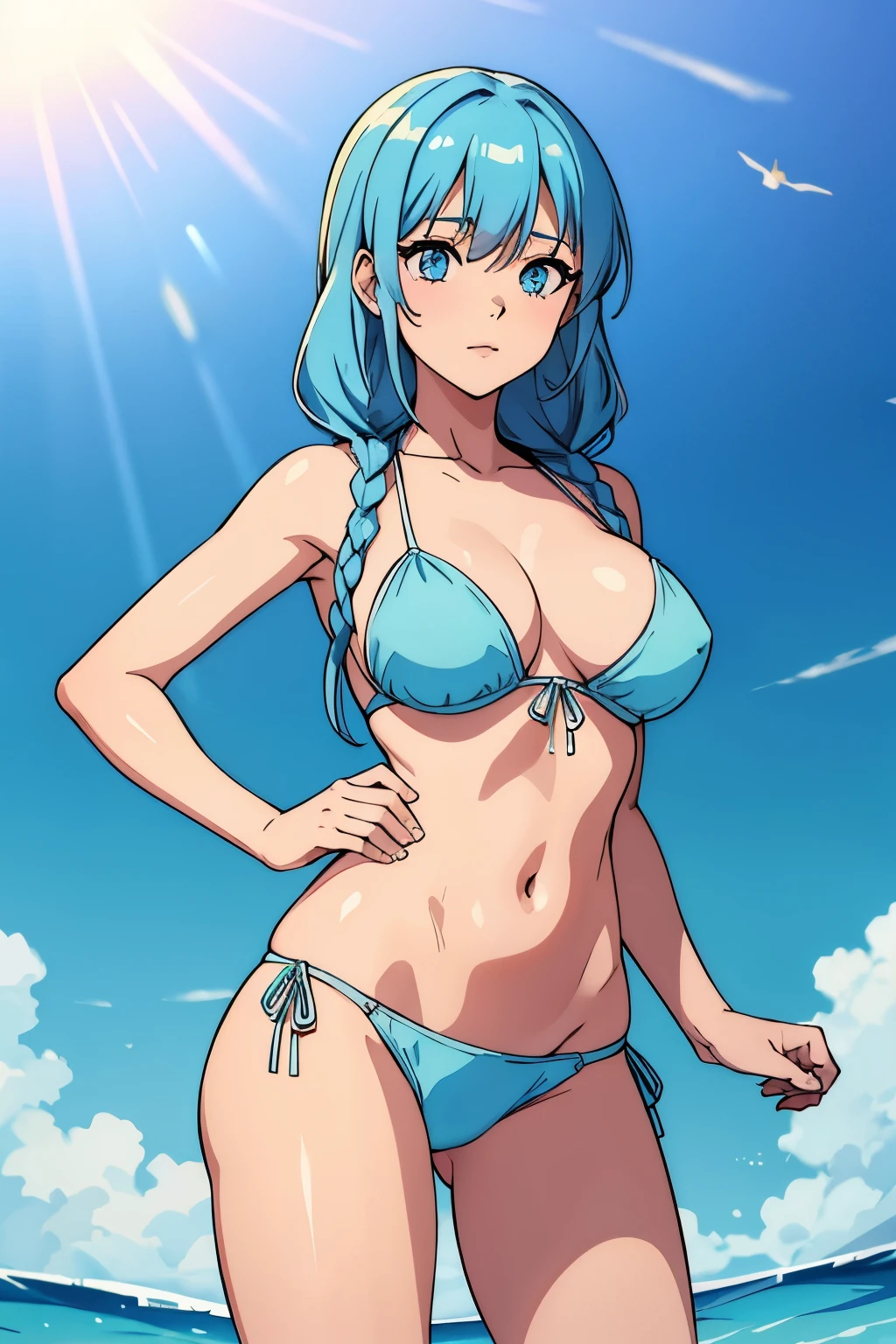 Cute girl, Light blue hair with big braids, hair tie, round breasts, transparent dress, bikini