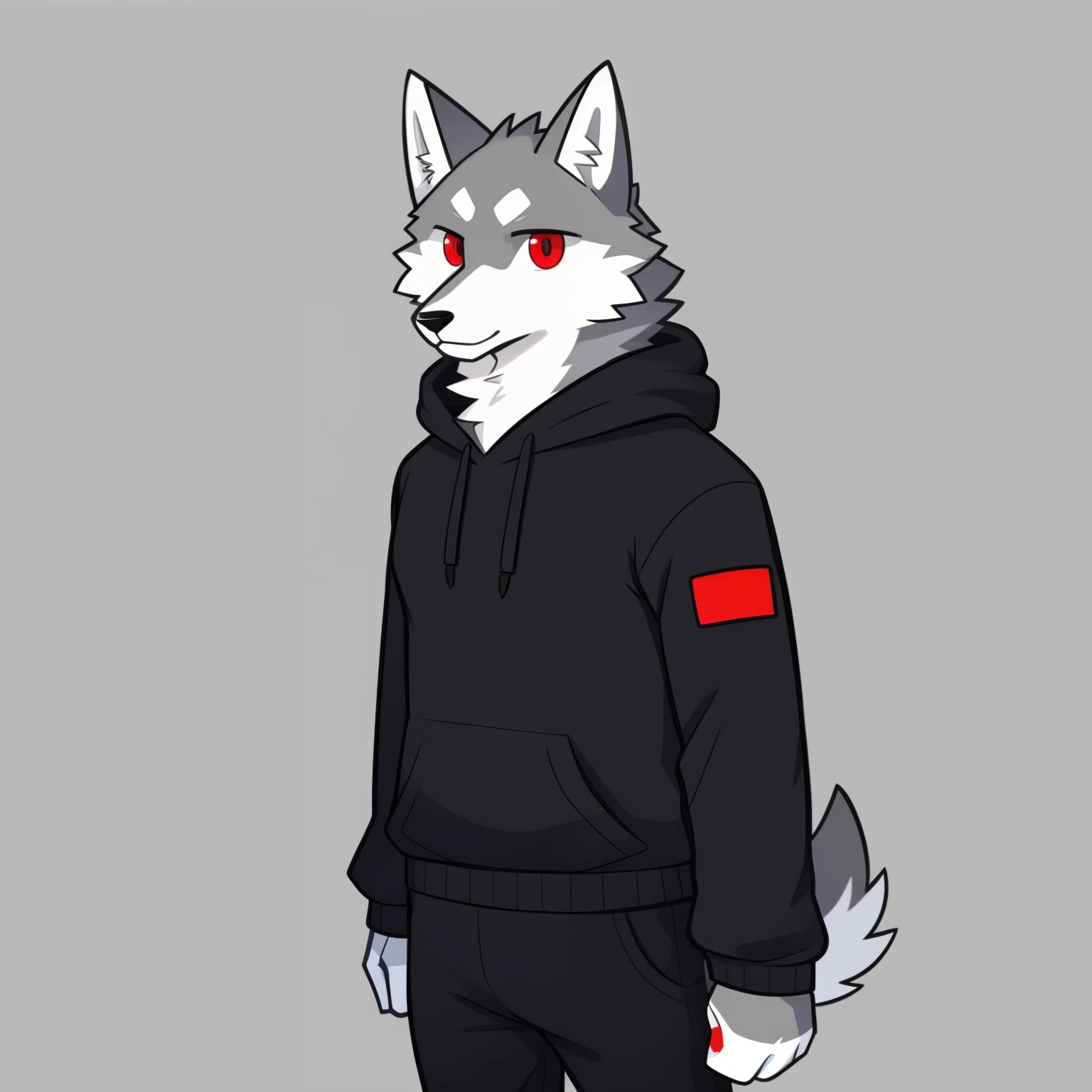 White and gray wolf illustration、Professional technology、soft fluffy fur、male people、Gray hoodie 、Red eyes、Long black pants、Normal physique、age19、Heavy eyes、long-sleeve、Waist-length clothing、Illustration of upper body only、doodle