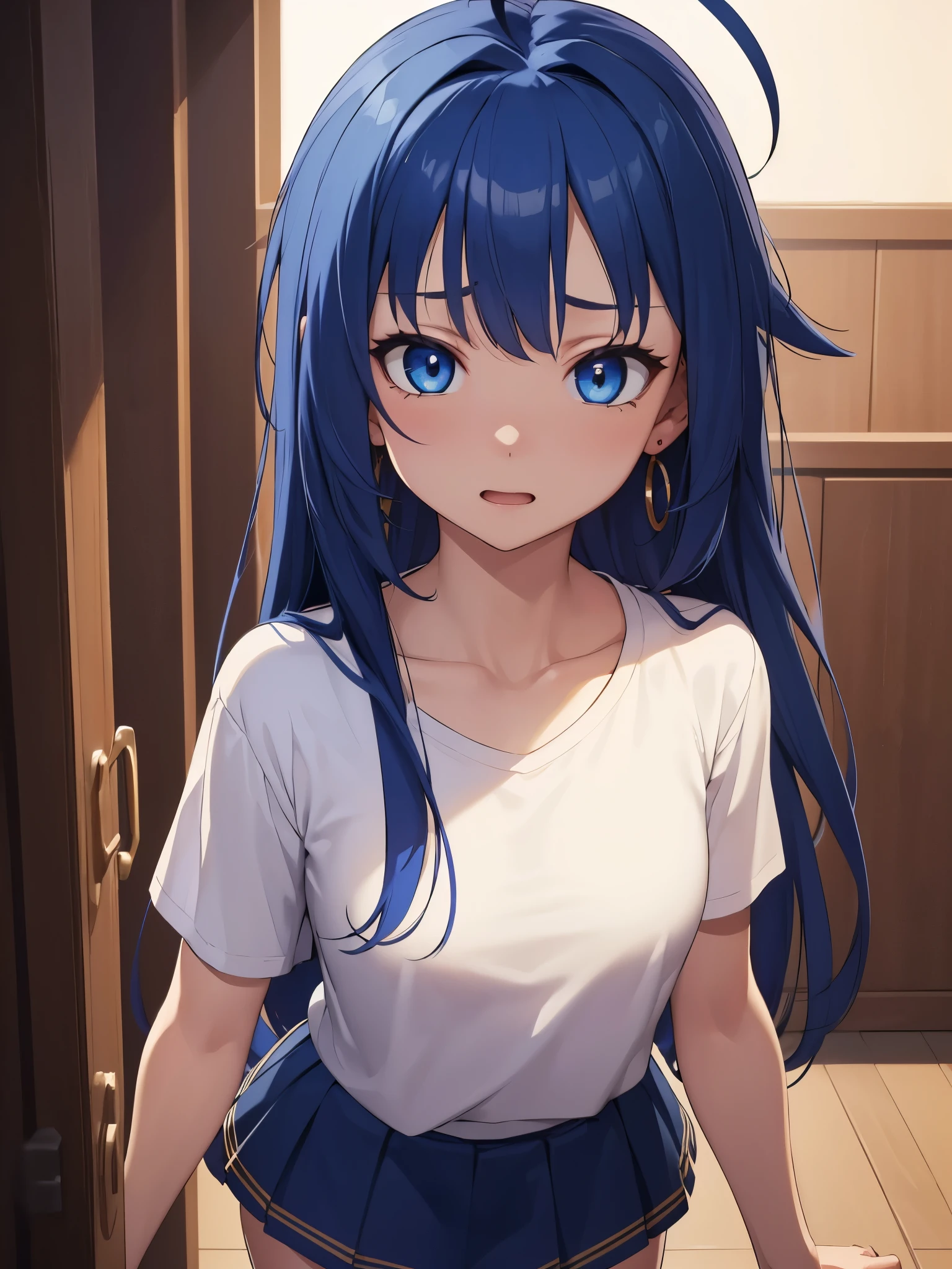 (Masterpiece, 4k, 8k, extremely detailed, highly detailed),cinematic lighting,dynamic lighting, best quality, expressive eyes, perfeckt face, (small breasts),small girl, exited, ((erotic facial expression)),perfec hand, ((1girl)), cute girl, young girl,((long hair, deep blue hair, ahoge)),[blue eyes],(ear ring) (mini skirt) white t-shirt