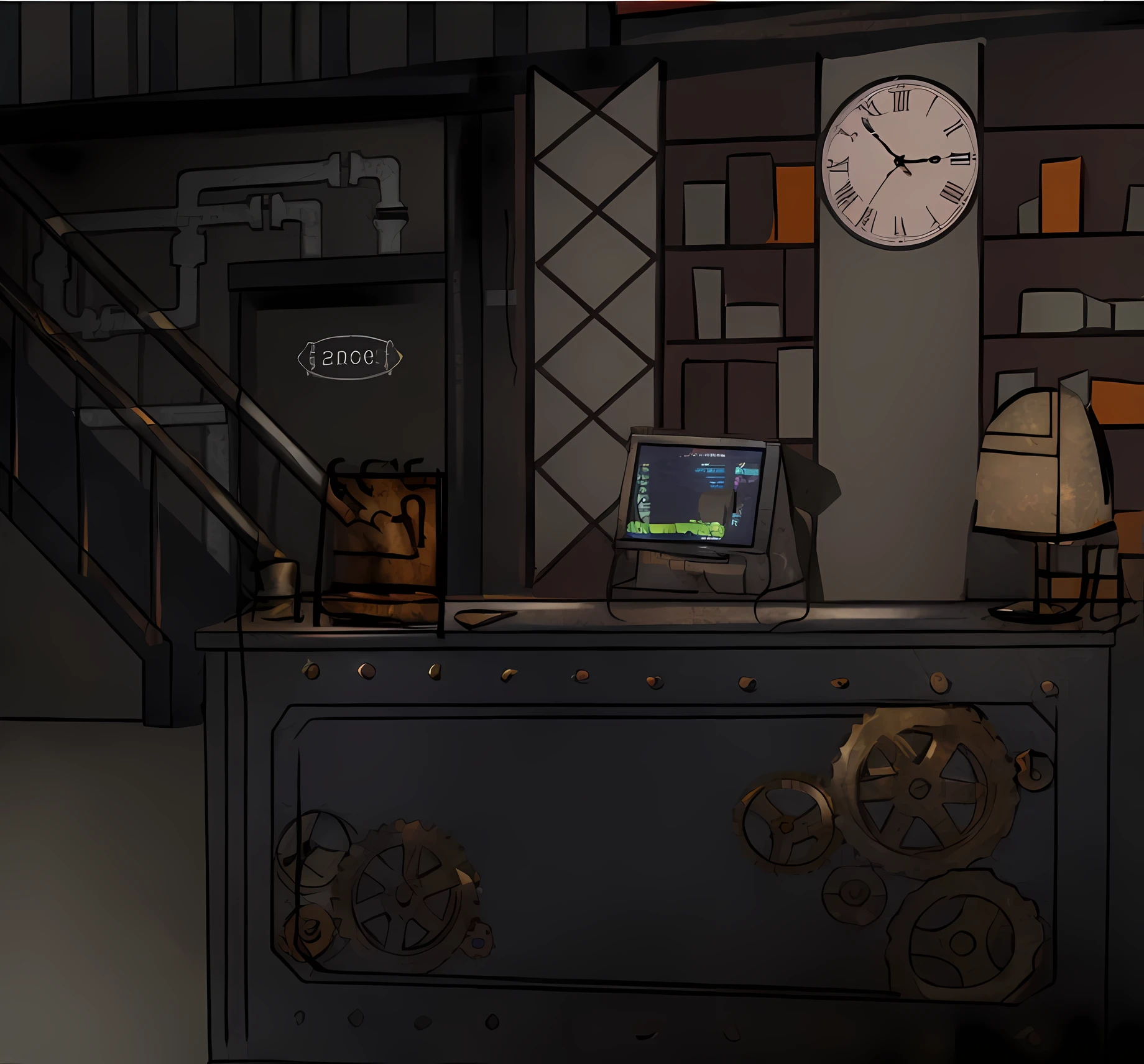 ((gear decorative table)),calendar,desk lamp,A wall clock,There are a lot of boxes in the cabinet, point-and-click adventure game, factory background, interior background art, background artwork, Random background scene, In a steampunk lab, , background art, mysterious laboratory, Steampunk shop, dieselpunk setting, cyberpunk basement,((masterpiece),high resolution,(high quality),(Very detailed),CG,unity,8k,
