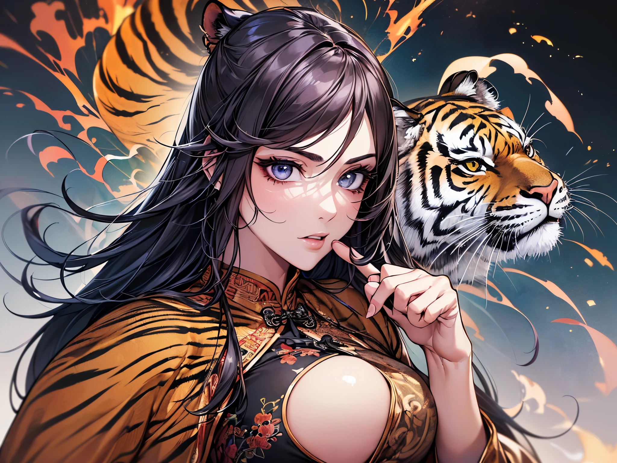 ((highest quality)),(ultra high resolution),(Super detailed),(detailed description),((best CG)),(best work of art),super precision art,amazing drawing art,(Art with precise details:1.5), (female martial artist:1.6),(beautiful and well-shaped face:1.8),(A detailed and detailed cheongsam dress:1.7,tiger pattern:1.5)