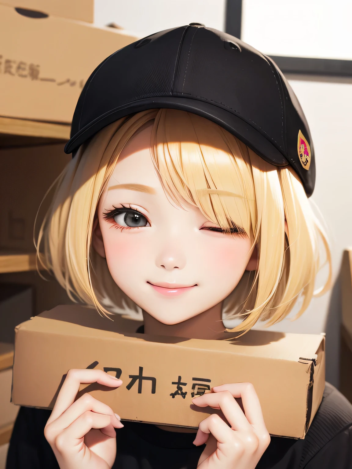 blonde、short hair、girl、wear a hat stylishly、close up of face、Carry cardboard、close one eye、smile、room