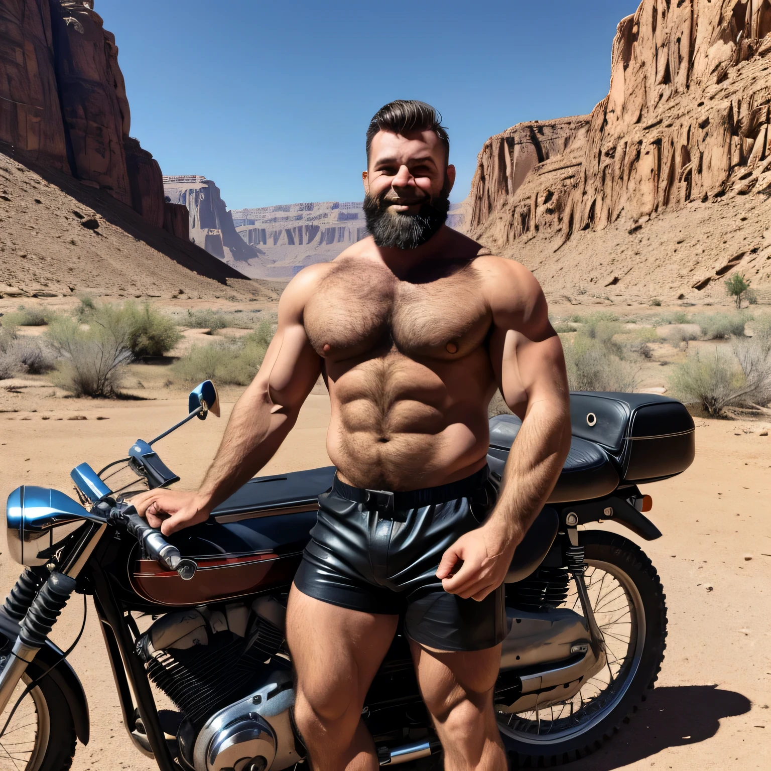 a muscle, barbu, ultra hairy man standing next to his very big vintage motorcycle, press d'a river canyon in a desert, il porte un short moulant en cuir noir