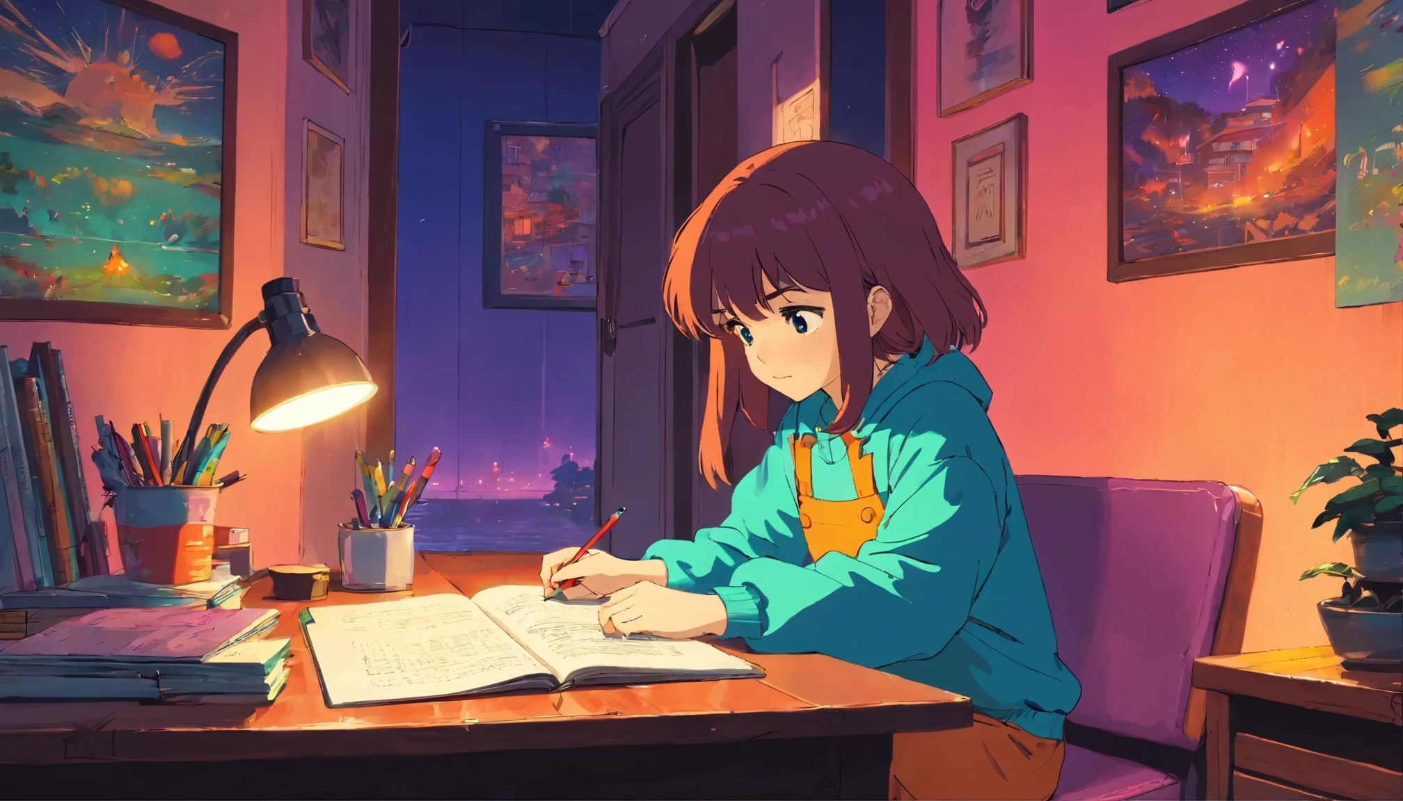 (zero), girl studying in her room, reading a book, please wear headphones, , night light, Neon landscape on a rainy day, nuclear explosion, analog color theme, lo-fi hip hop , retrospective exhibition, flat, 2.5D ,Draw a line, ink painting, Osaka road, watercolor painting, gouche color, studio ghibli style, So colorful, outerton, synthwave, Lofiato,90s style,old texture, amplitude,90&#39;s vibe, table top, amazing technology, 16:9 scale