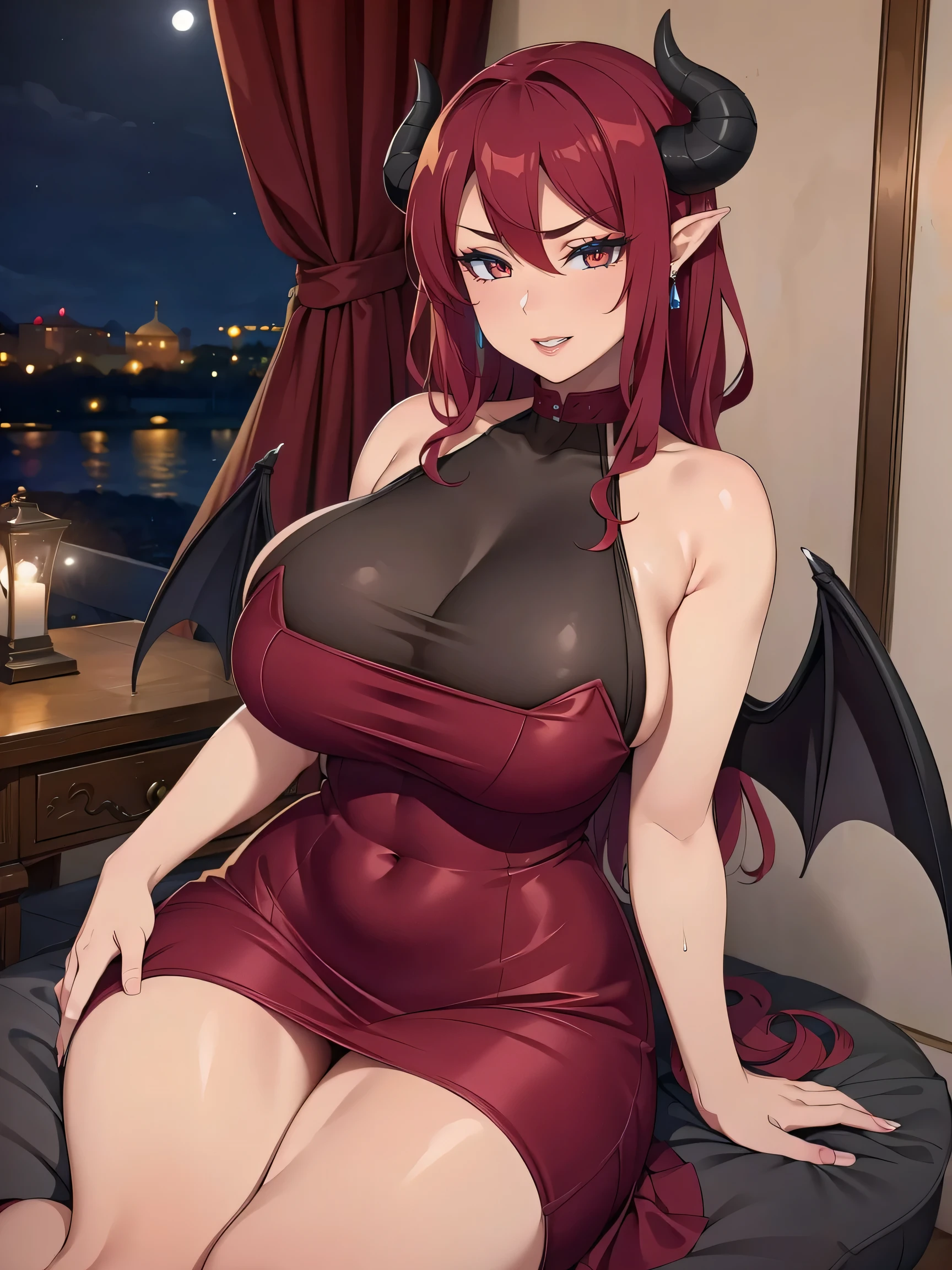 (8k, best quality, masterpiece)(sensual), (Extremely beautiful), (erotic),(((bimbo))), succubus, naughty Succubus,diva, (slut), pouty lips, lipstick, red scarlet hair, messy hair, mascara, golden eyes, (large massive breast),bare shoulders, corpped dress, slutty outfit, succubus tail and wings,curvy demon horns, naughty look, beautiful face, night, night fantasy city, brothel, palace in back, dynamic light.