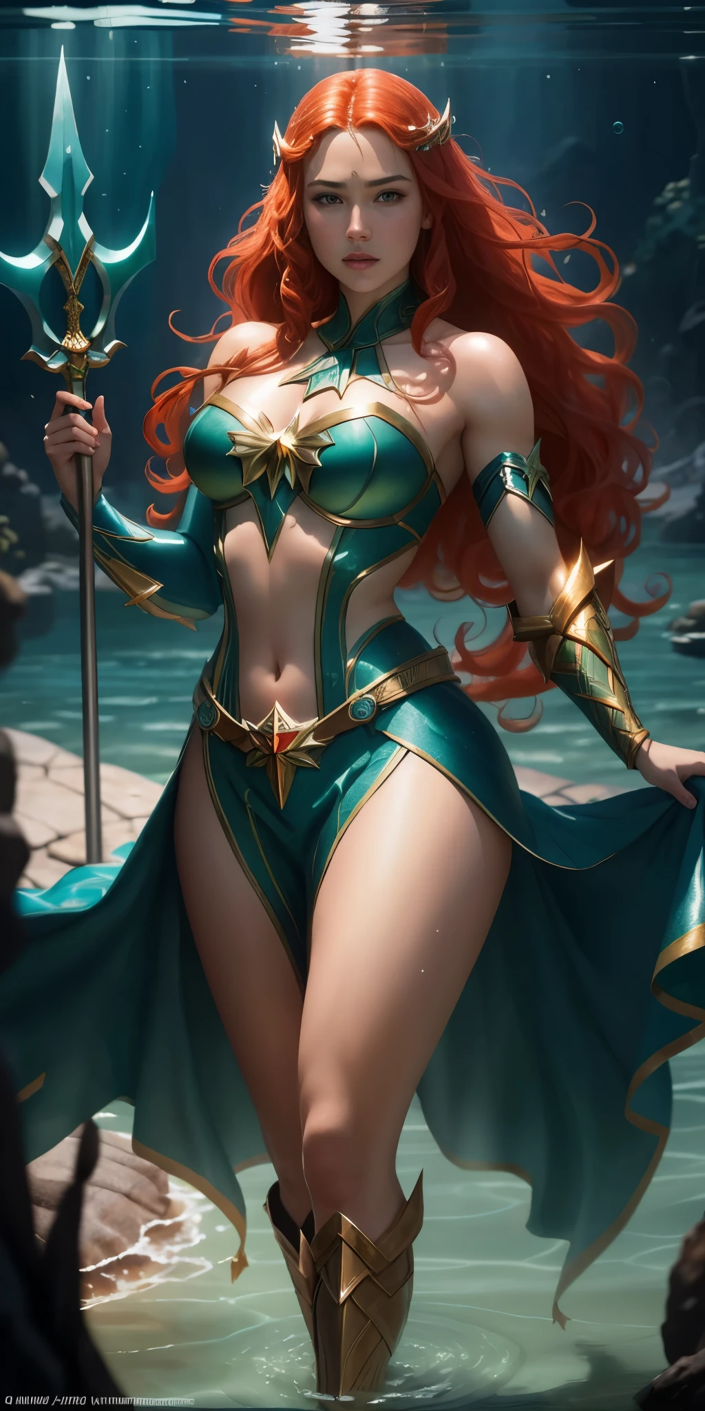 sfw, [fantasy], watercolor illustration, Full Shot, of beautiful sexy atlantean princess with amazing legs ,mera from DC comics holding glowing trident, wearing teal cape, in underwater throne room, toned physique, perfect large round breasts, toned medium ass, perfect limbs, perfect hands, long red hair, (detailed skin, diffused skin pores), ethereal, maximum detail, maximum quality, (bloom:0.5), raytracing, specular lighting, shallow depth of field, smooth, cinematic film still from Aquaman, [Arcane Fantasy:12]