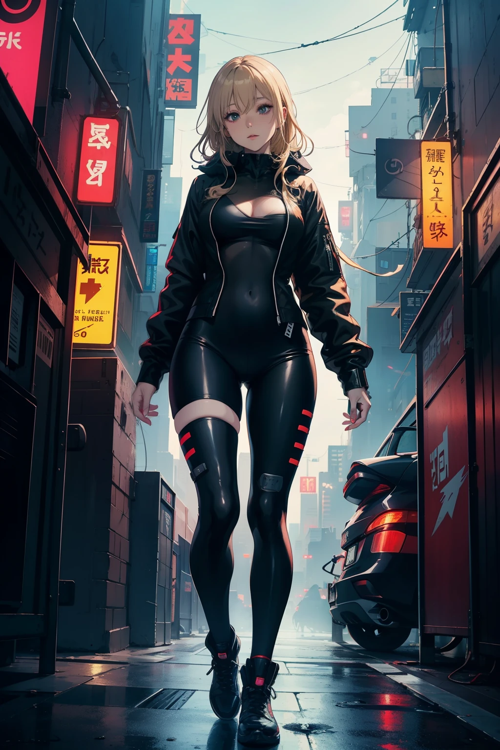 
best quality, anime girl in a black bodysuit stands on a city street, seductive anime girl, cyberpunk , Anime style 4k, cyberpunk digital anime art, blonde anime girl with long hair, cyberpunk anime girl, Anime style. 8k, modern cyberpunk anime, best anime 4k konachan wallpapers, smooth anime cg art, anime cyberpunk art, Anime waifu, large form