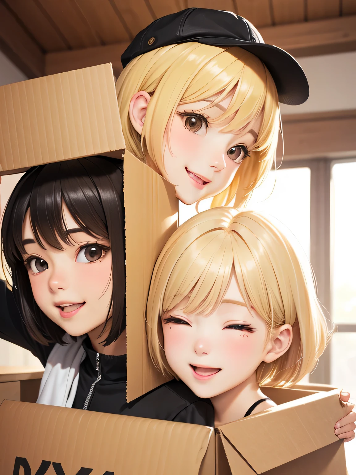 blonde、short hair、girl、Wear a hat、close up of face、Carry cardboard、profile、smile、open your mouth and smile、room