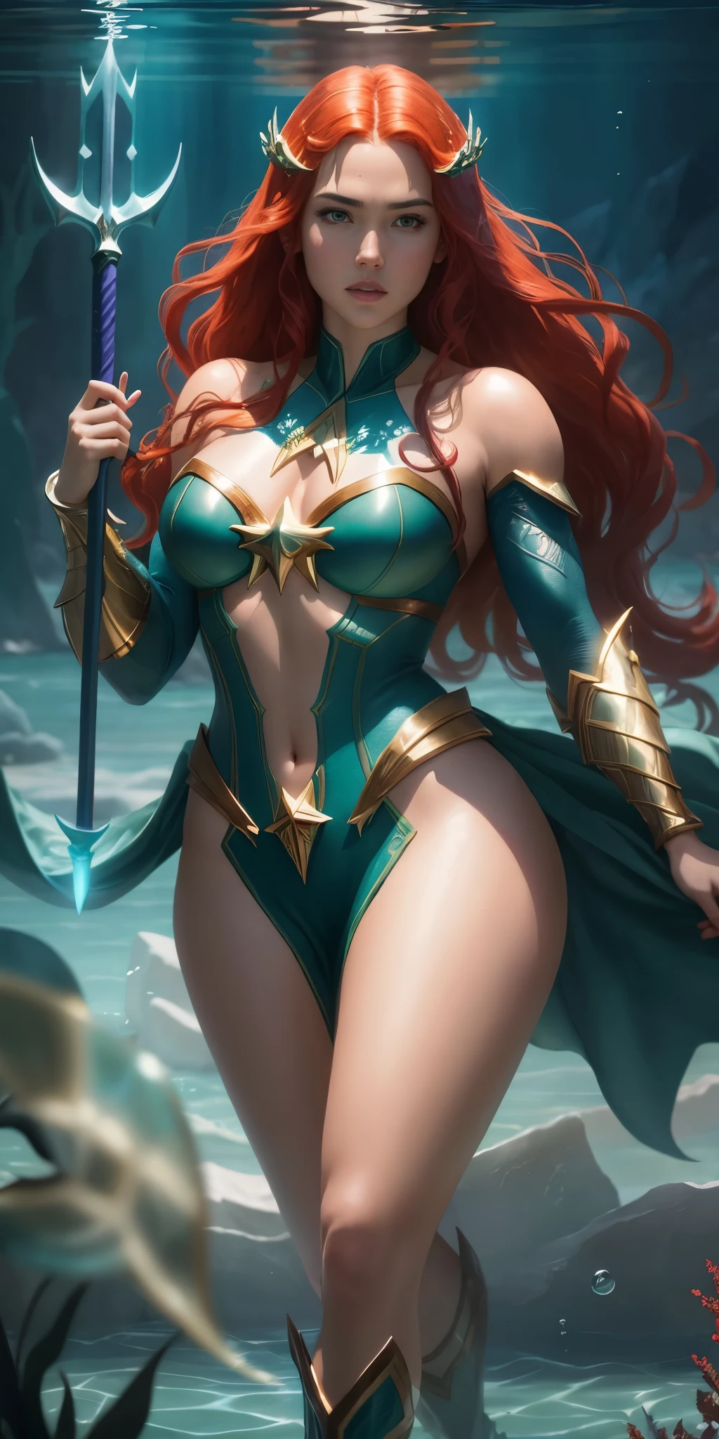 sfw, [fantasy], watercolor illustration, Full Shot, of beautiful sexy atlantean princess with amazing legs ,mera from DC comics holding glowing trident, wearing teal cape, in underwater throne room, toned physique, perfect large round breasts, toned medium ass, perfect limbs, perfect hands, long red hair, (detailed skin, diffused skin pores), ethereal, maximum detail, maximum quality, (bloom:0.5), raytracing, specular lighting, shallow depth of field, smooth, cinematic film still from Aquaman, [Arcane Fantasy:12]