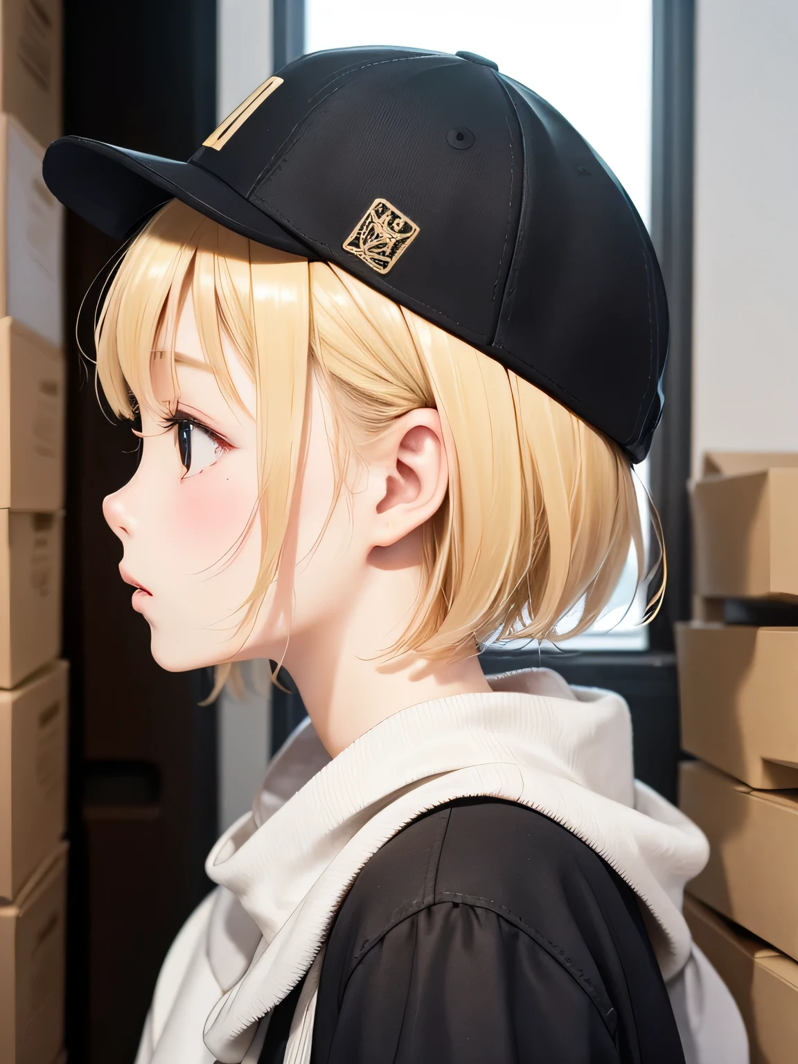 blonde、short hair、girl1、profile、Wear a hat、close up of face、Carry cardboard、profile、room