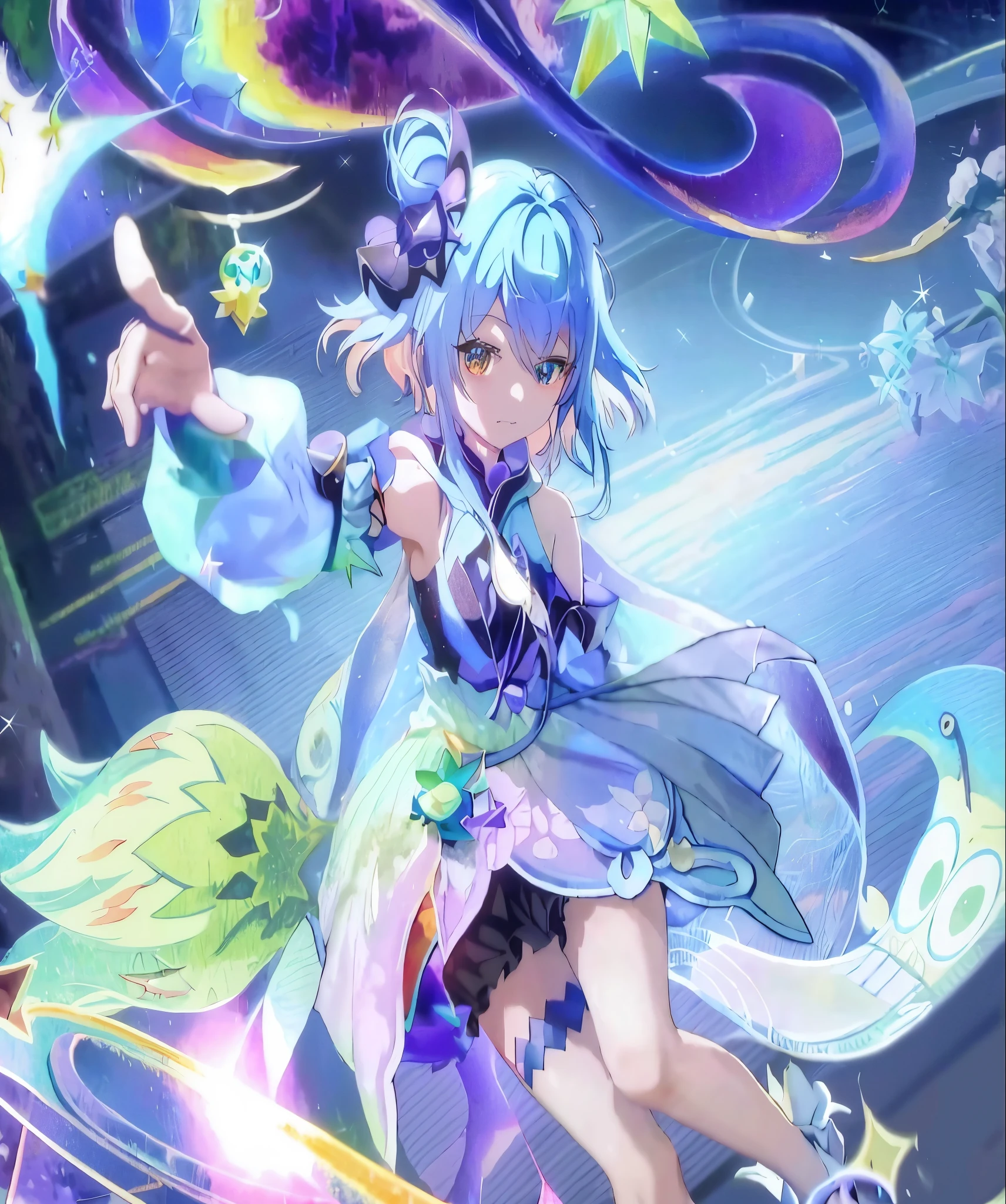 Anime girl with blue hair and blue skirt holding a magic wand, sitting on bed，（露出black半透明胖次），（black）Splash art anime , official artwork, high detailed official artwork, Celestial halo, anime style 4k, Beautiful celestial mage, best anime 4k konachan wallpapers, kushat krentz critical art women, 8k high quality detailed art, anime art wallpaper 8k, Astral Fairy