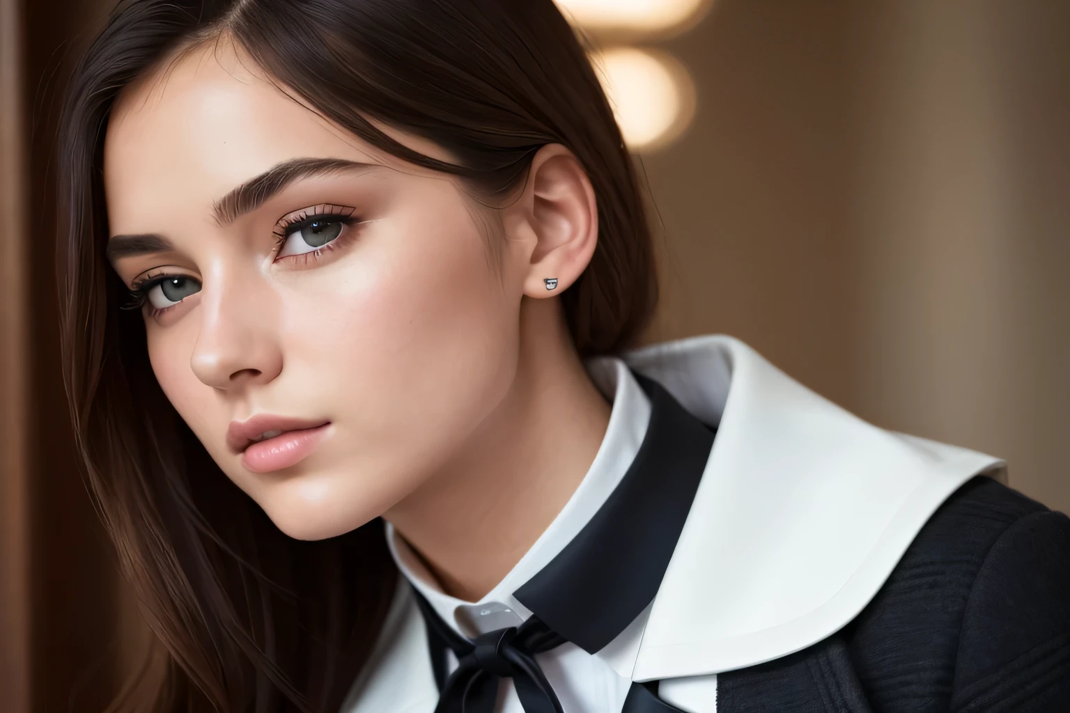 Photo of a svelte 162cm tall European girl, ((masterpiece)), best quality, extremely detailed face, ultra high res, (photorealistic: 1.4), Amazing, finely detailed skin with intricate pores and textures, correct exposure, 1 girl, ((looking directly at the viewer)), perfect lighting that highlights her fair complexion and adds depth to her beautiful detailed eyes, ((lips with a subtle blush)), shiny skin, ((school uniform with a crisp collar and neat pleats)), overcoat, black stockings, and leather shoes. The image is filled with intricate details from her delicate features to the textures of her clothing, making for a