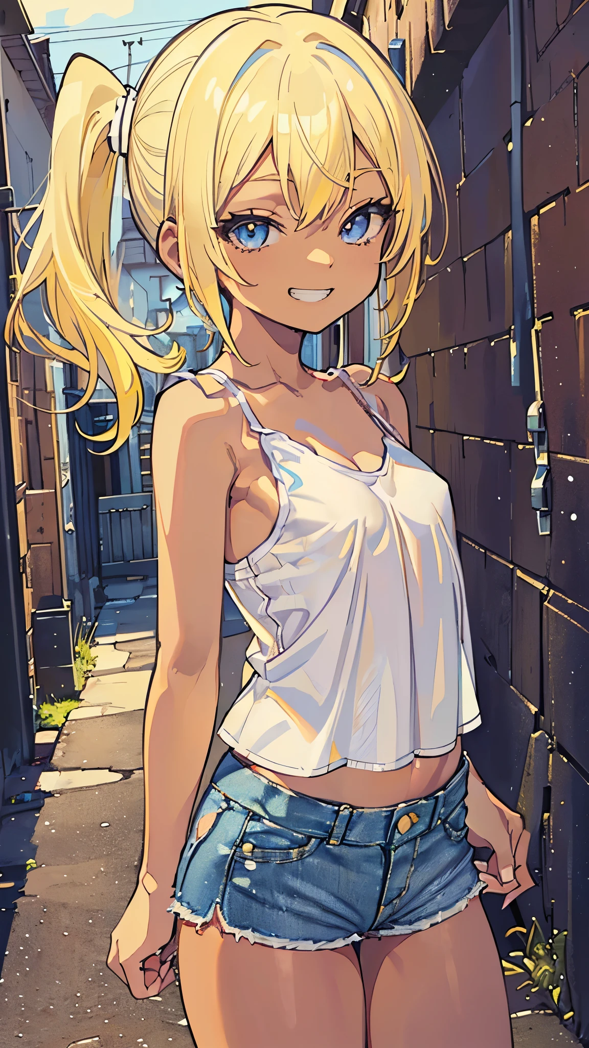 (masterpiece、highest quality、Super detailed)、((detailed face))、one 、((yellow hair))、side ponytail、((brown skin:1.2))、light blue eyes、evil smile、((grin))、((small breasts))、((white camisole:1.3))、((open front denim short shorts:1.2))、cowboy shot、((back alley background))、((nsfw))