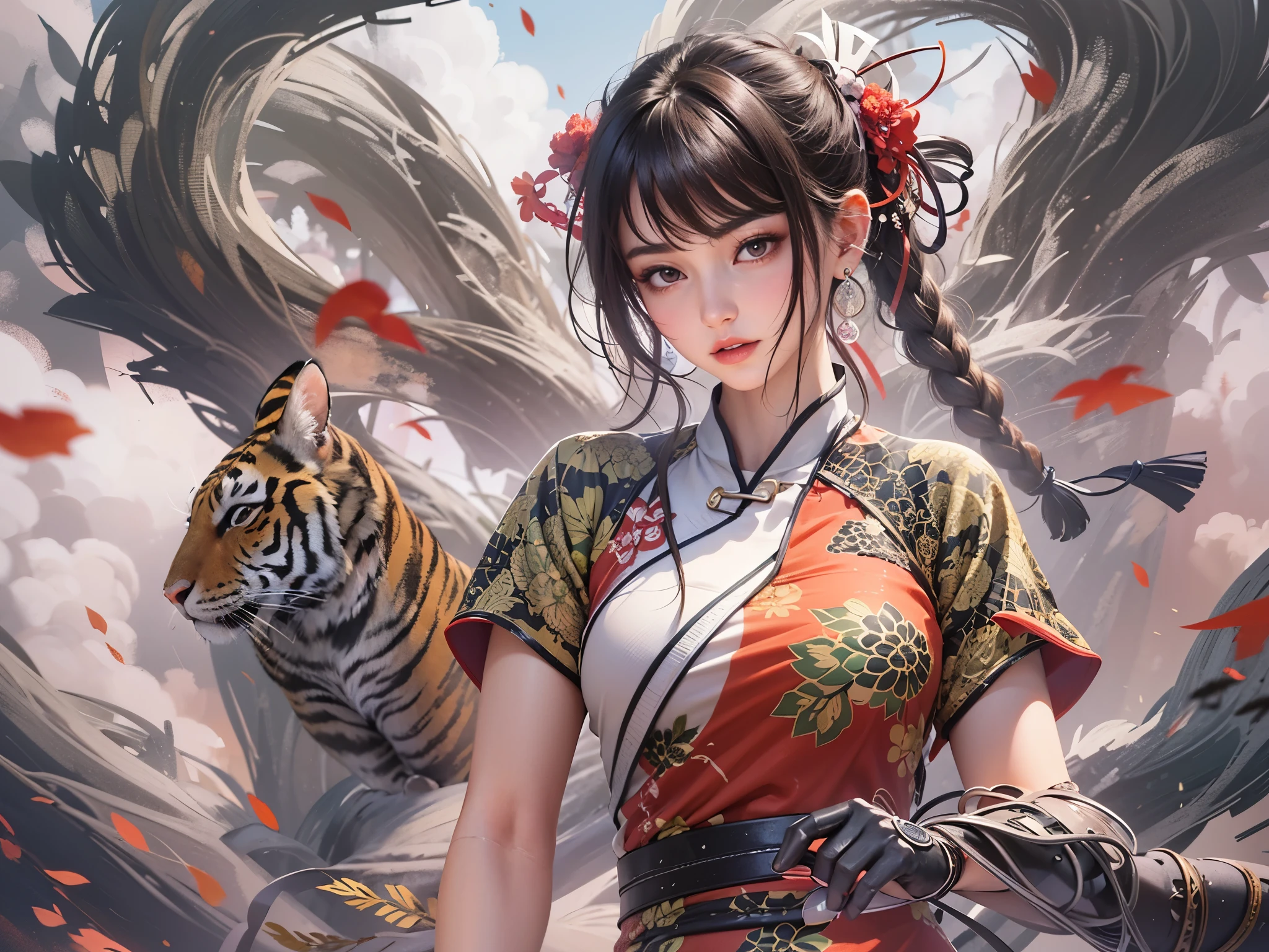 ((highest quality)),(ultra high resolution),(Super detailed),(detailed description),((best CG)),(best work of art),super precision art,amazing drawing art,(Art with precise details:1.5), (female martial artist:1.6),(beautiful and well-shaped face:1.8),(A detailed and detailed cheongsam dress:1.7,tiger pattern:1.5), Dark clouds gather and lightning cuts through the sky。